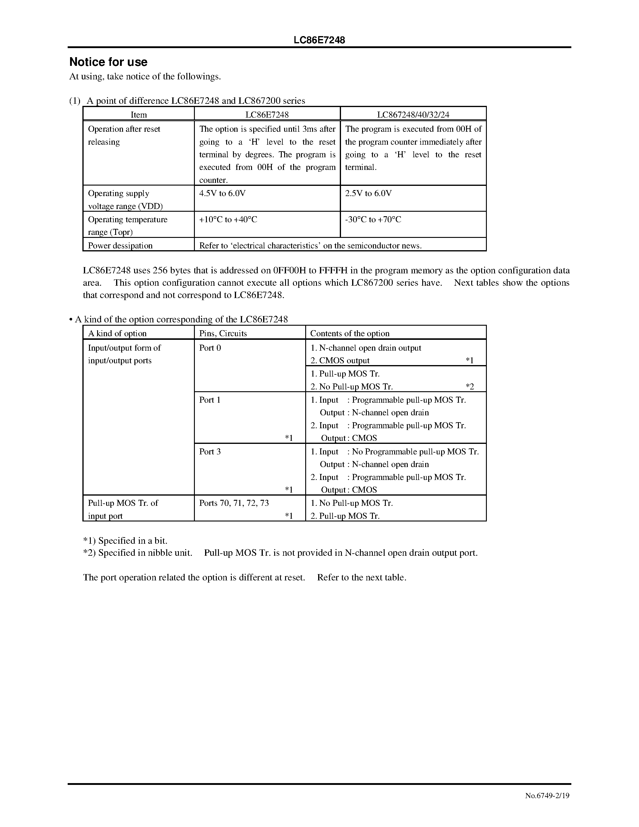 Datasheet LC86E7248 - 8-Bit Single Chip Microcontroller with the UVEPROM page 2