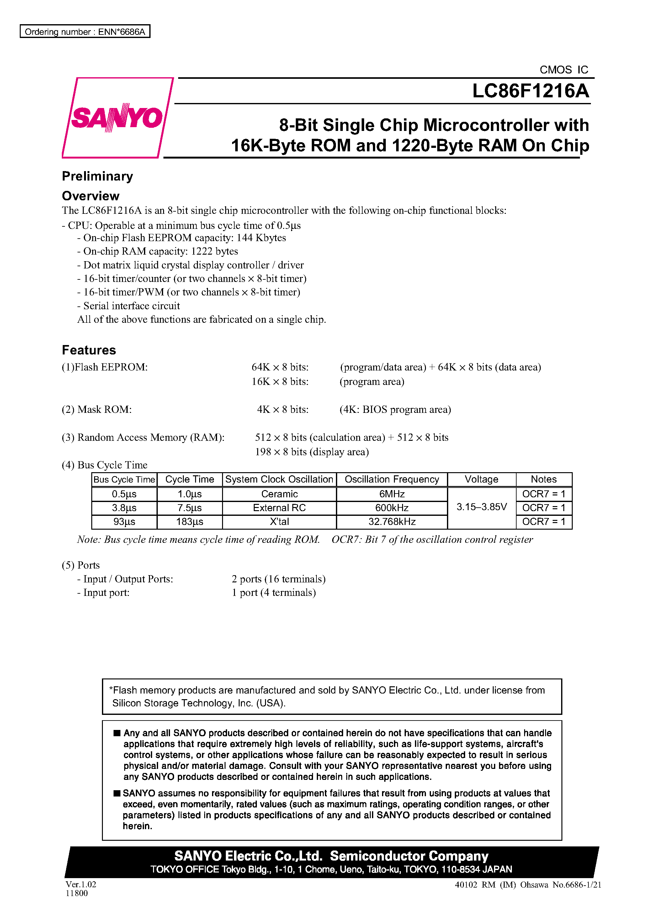 Datasheet LC86F1216A - 8-Bit Single Chip Microcontroller with the 16K-Byte ROM and 1220-Byte RAM On Chip page 1