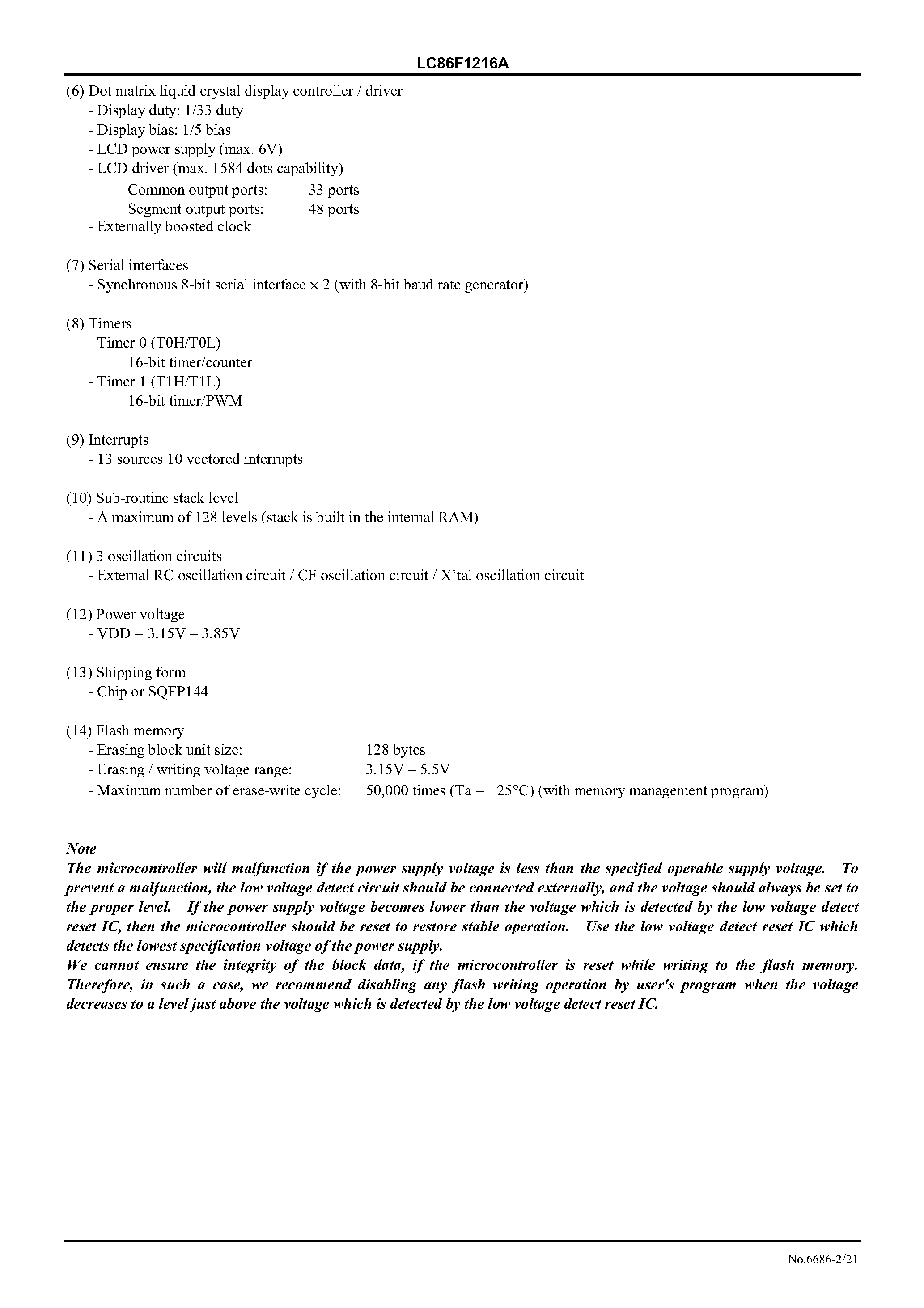 Datasheet LC86F1216A - 8-Bit Single Chip Microcontroller with the 16K-Byte ROM and 1220-Byte RAM On Chip page 2