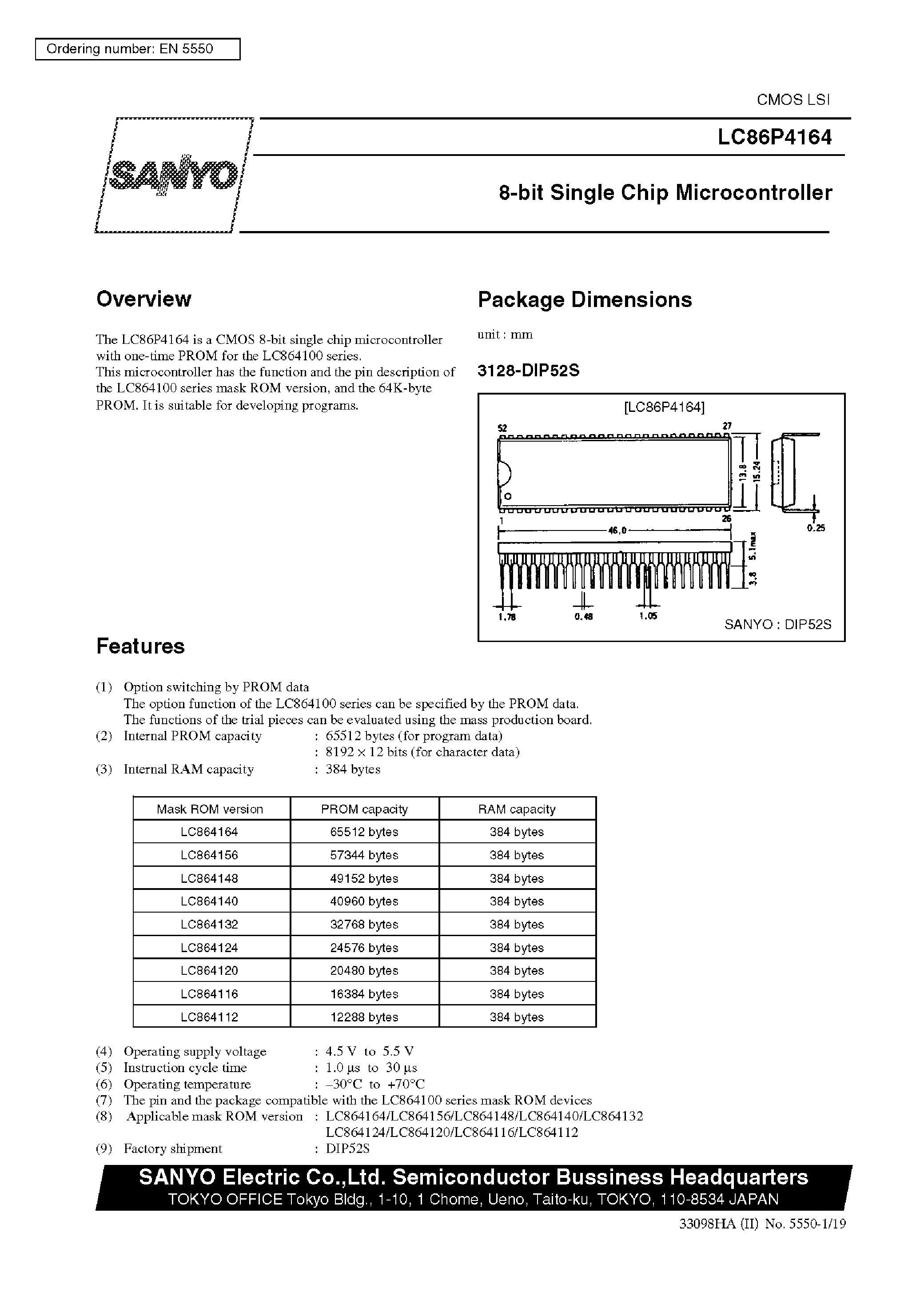 Datasheet LC86P4164 - 8-Bit Single Chip Microcontroller page 1