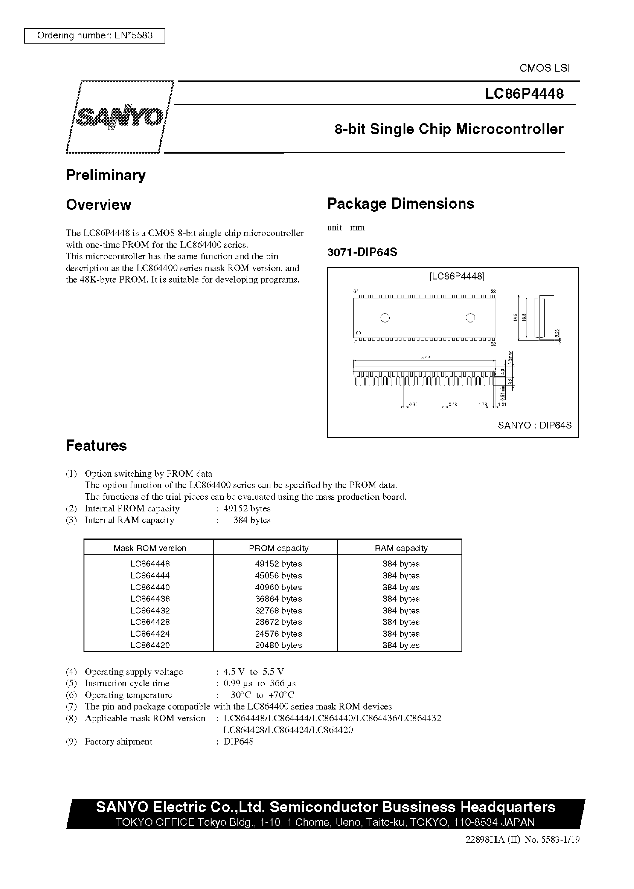 Datasheet LC86P4448 - 8-Bit Single Chip Microcontroller page 1