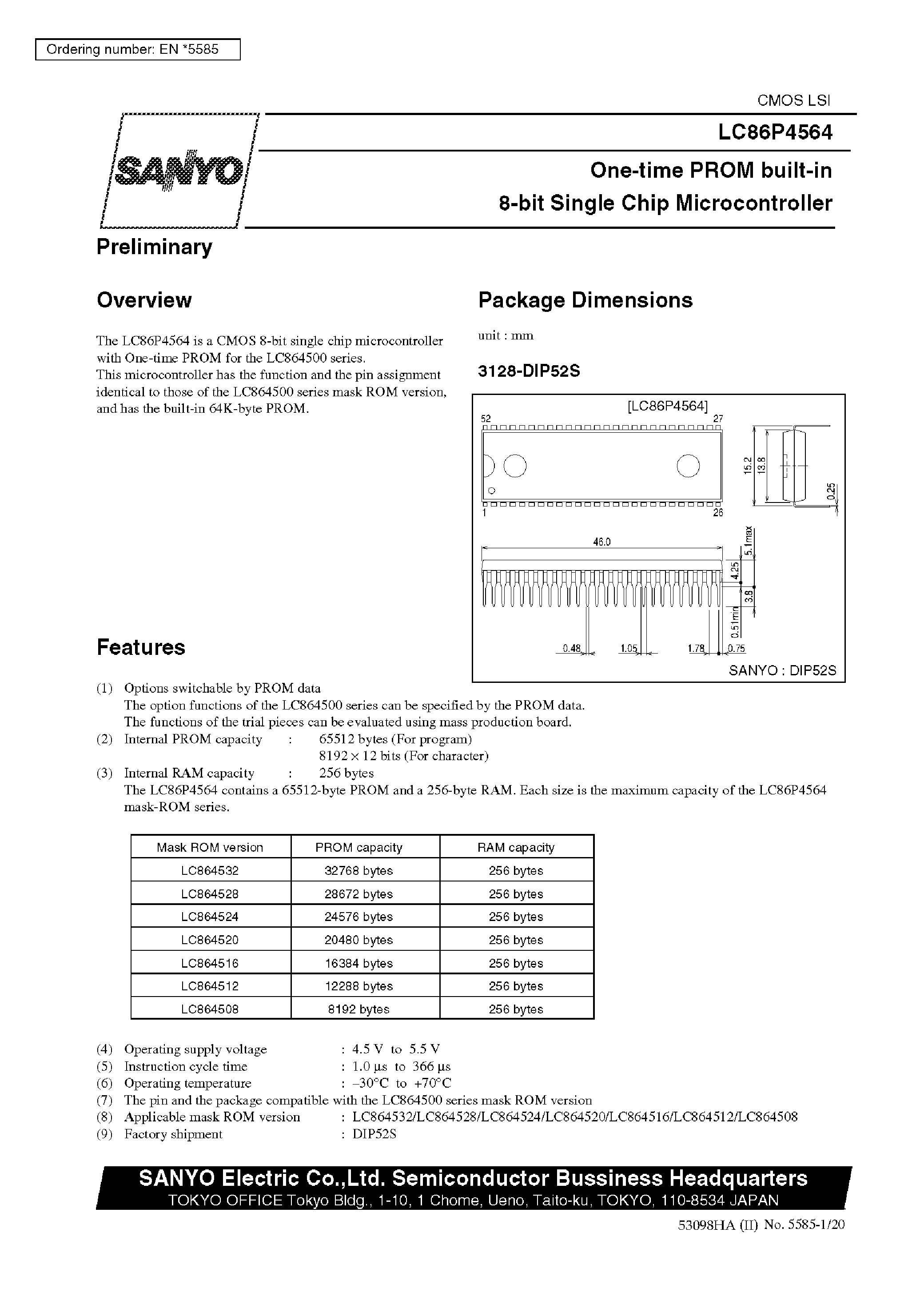 Datasheet LC86P4564 - One-time PROM built-in 8-Bit Single Chip Microcontroller page 1