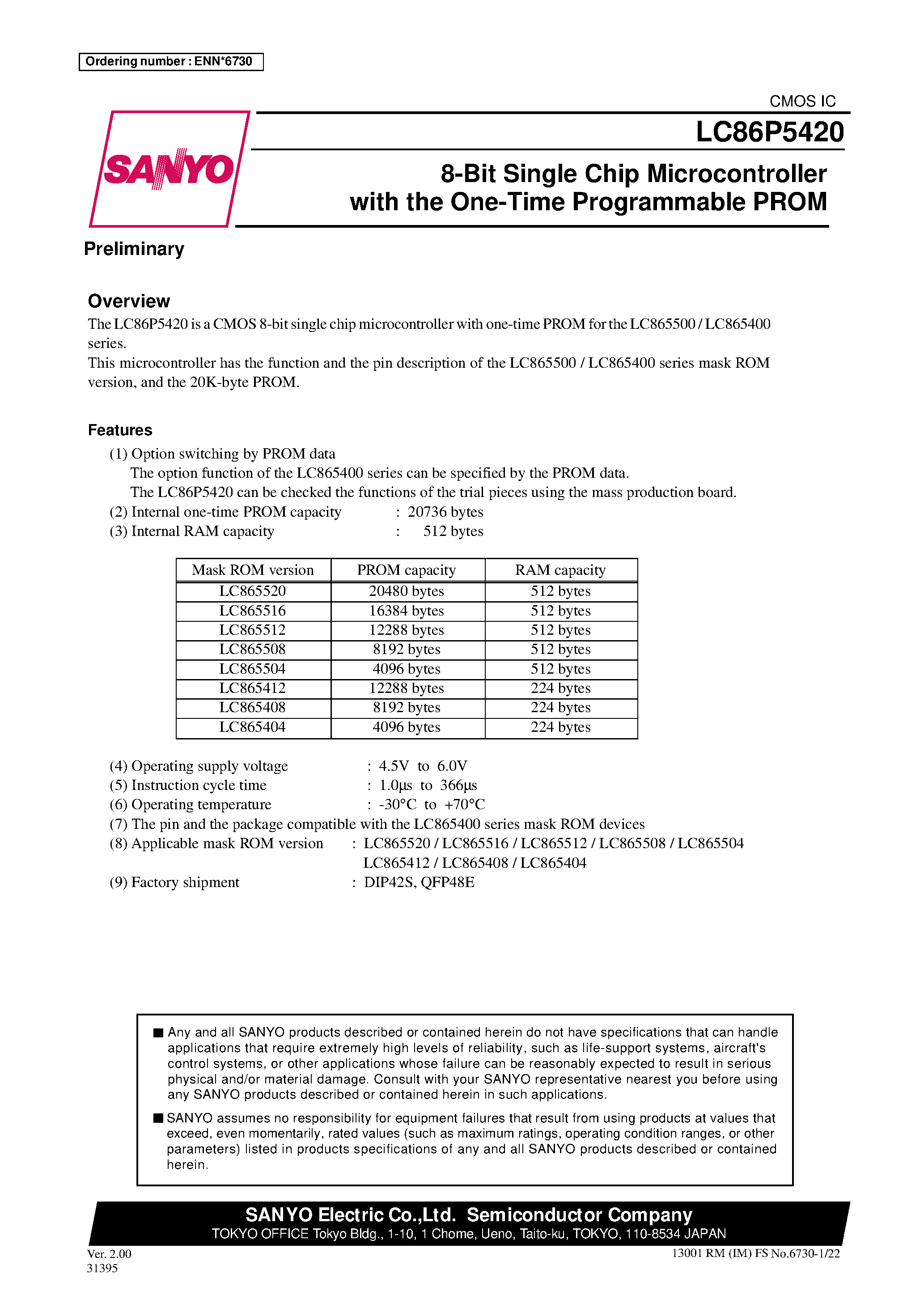 Datasheet LC86P5420 - 8-Bit Single Chip Microcontroller with the One-Time Programmable PROM page 1
