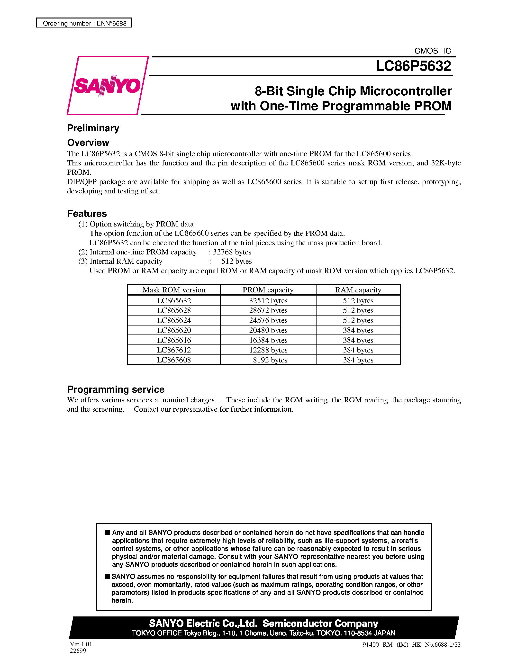 Datasheet LC86P5632 - 8-Bit Single Chip Microcontroller with One-Time Programmable PROM page 1