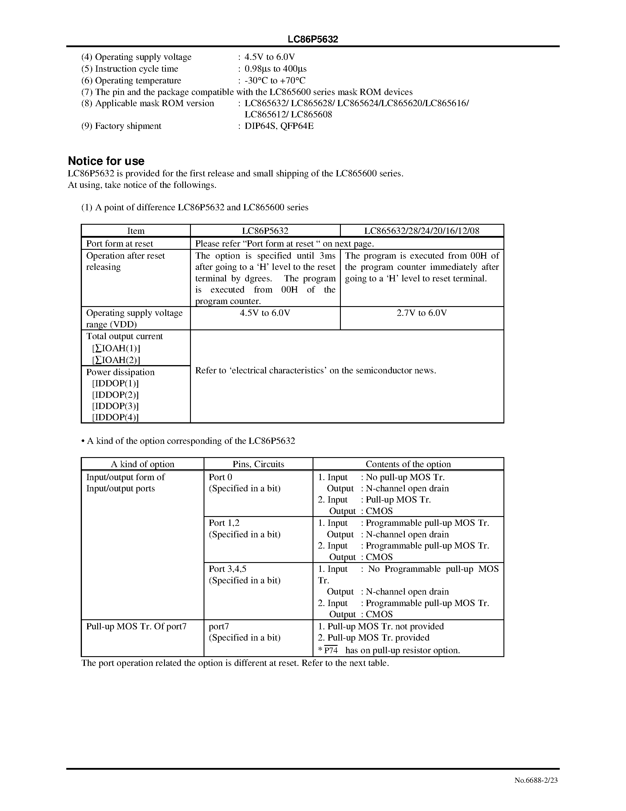 Datasheet LC86P5632 - 8-Bit Single Chip Microcontroller with One-Time Programmable PROM page 2