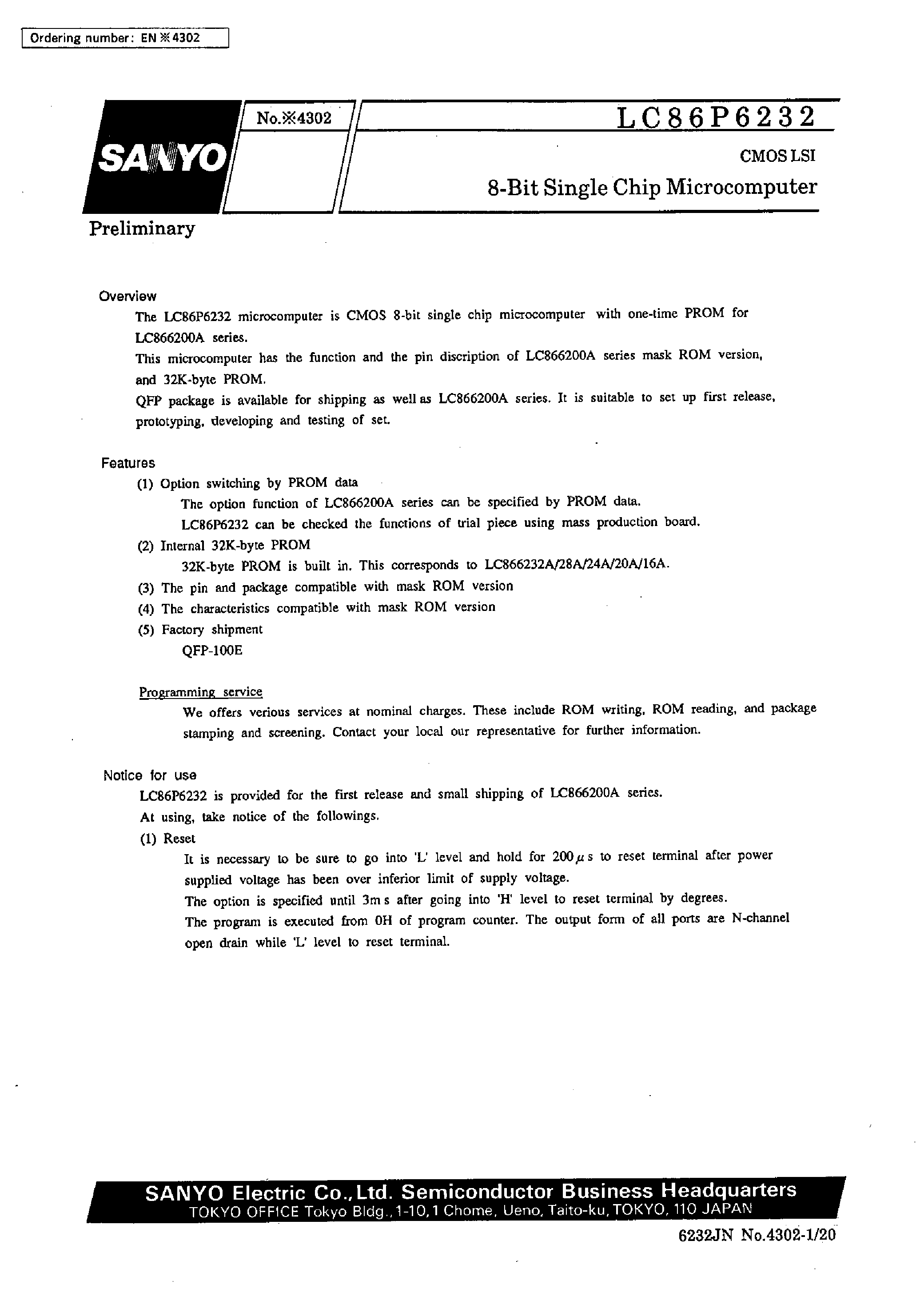 Datasheet LC86P6232 - 8-bit single chip microcomputer page 1