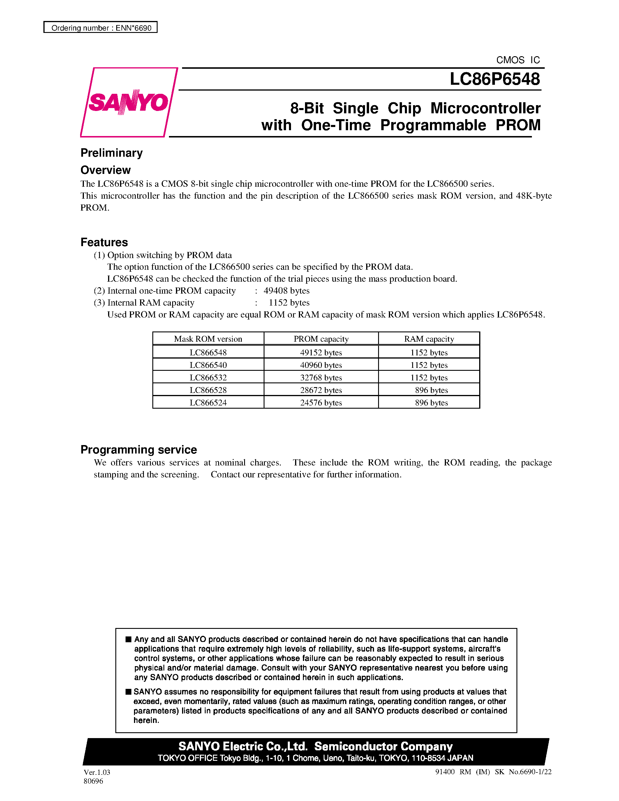 Datasheet LC86P6548 - 8-Bit Single Chip Microcontroller with One-Time Programmable PROM page 1