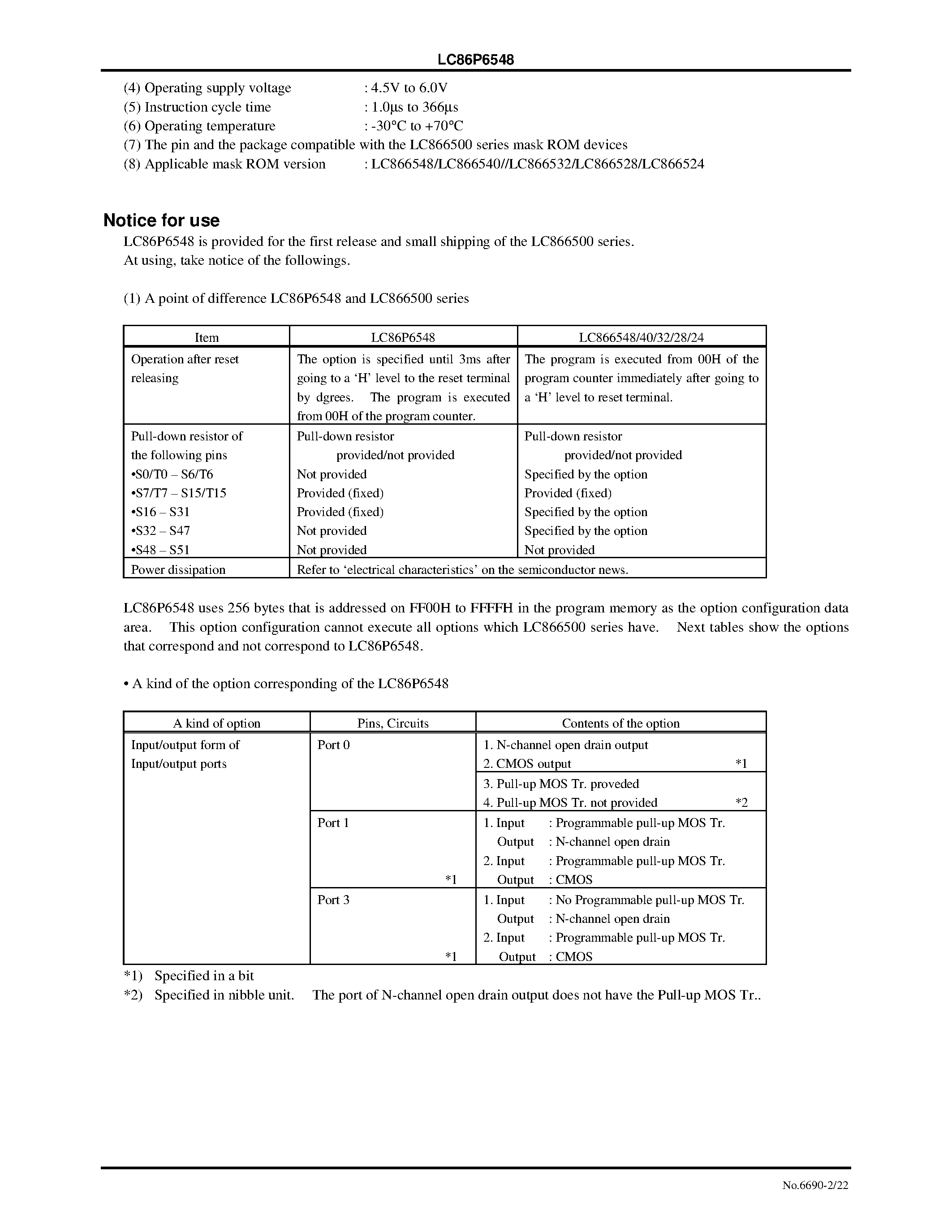 Datasheet LC86P6548 - 8-Bit Single Chip Microcontroller with One-Time Programmable PROM page 2