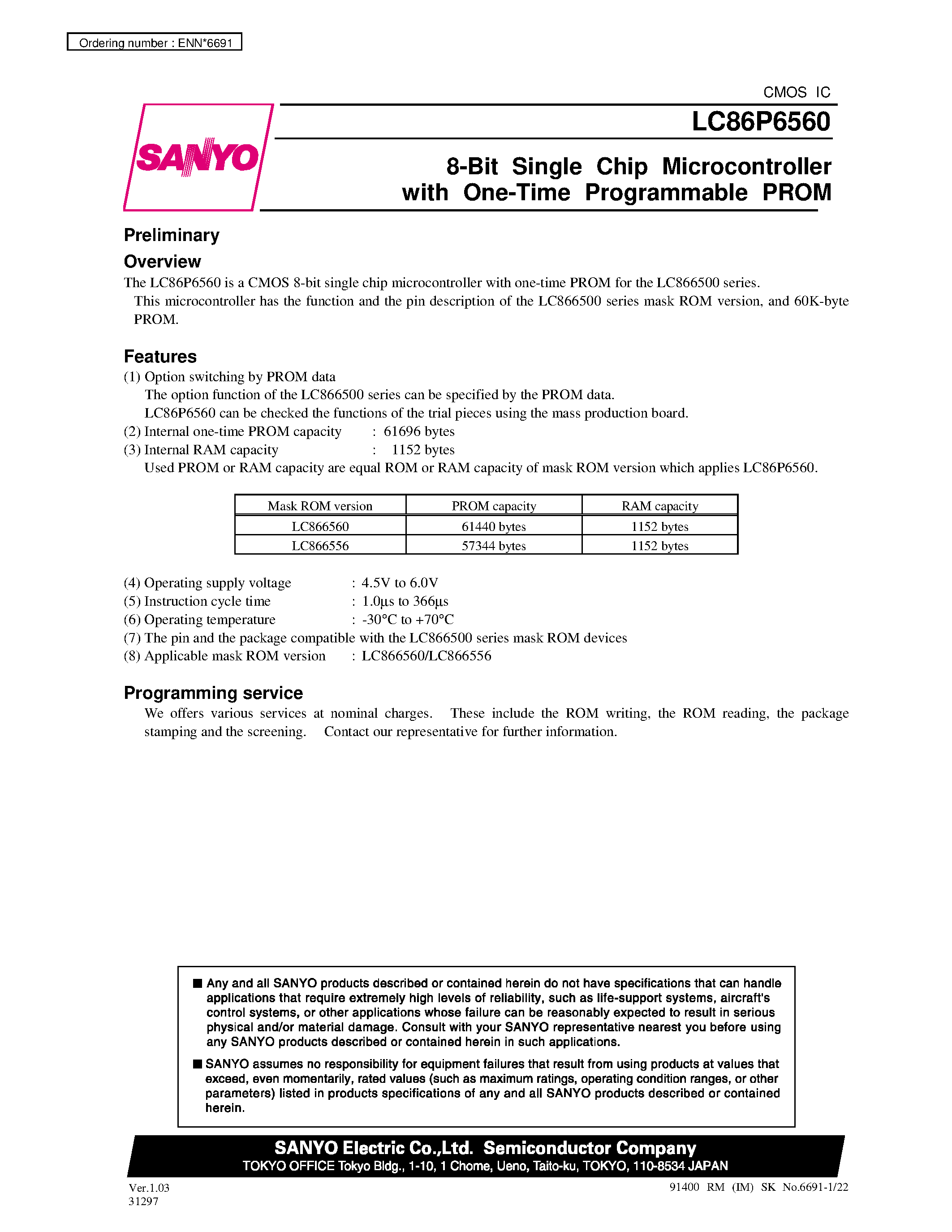Datasheet LC86P6560 - 8-Bit Single Chip Microcontroller with One-Time Programmable PROM page 1