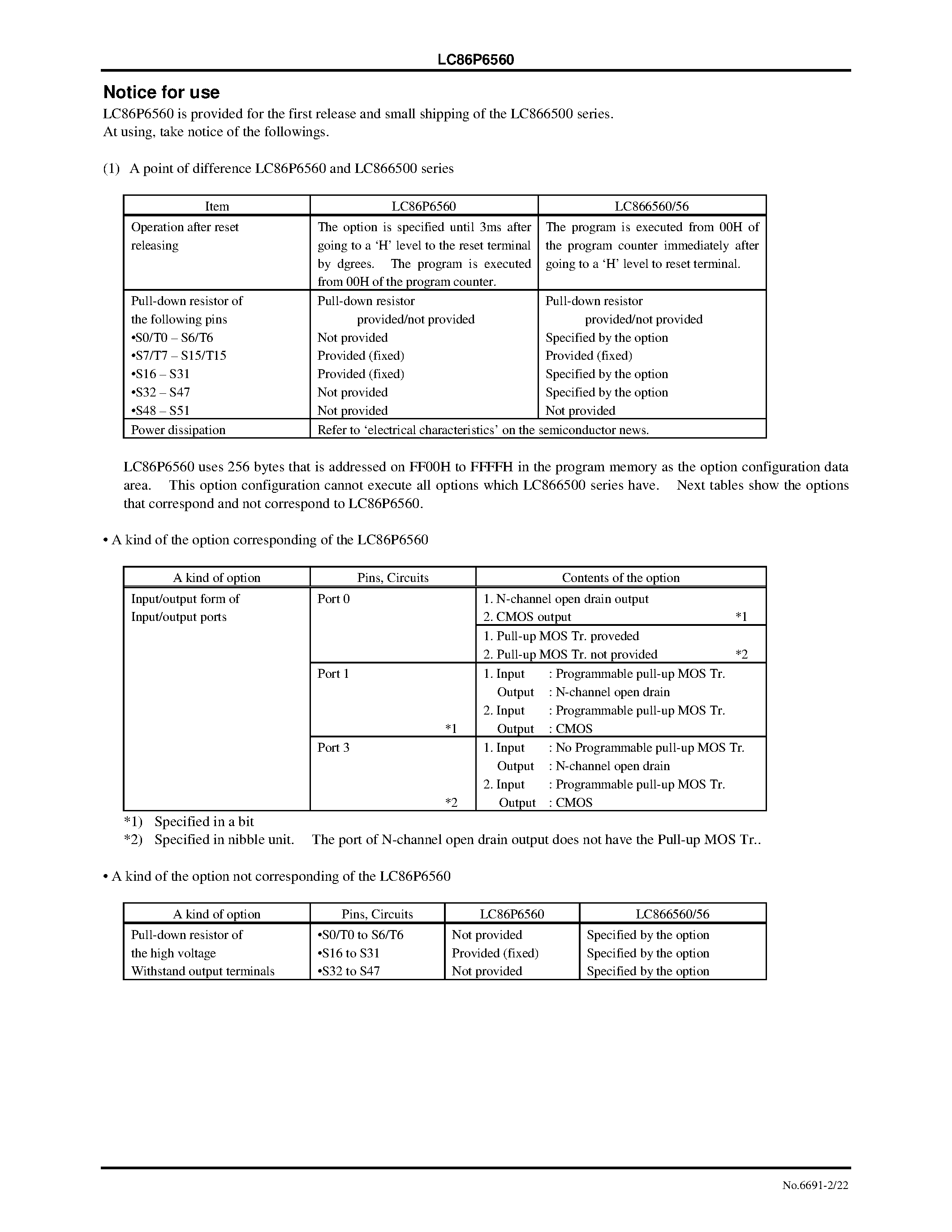 Datasheet LC86P6560 - 8-Bit Single Chip Microcontroller with One-Time Programmable PROM page 2