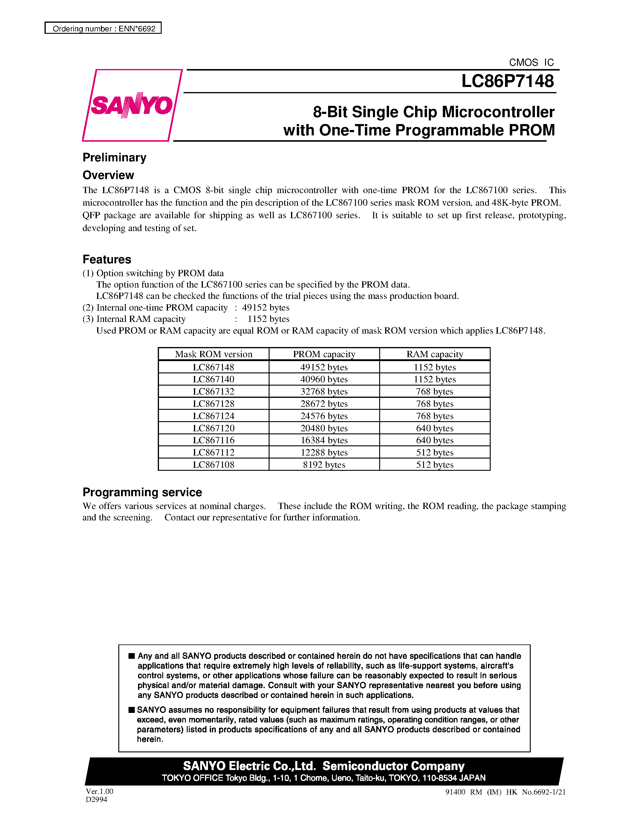 Datasheet LC86P7148 - 8-Bit Single Chip Microcontroller with One-Time Programmable PROM page 1
