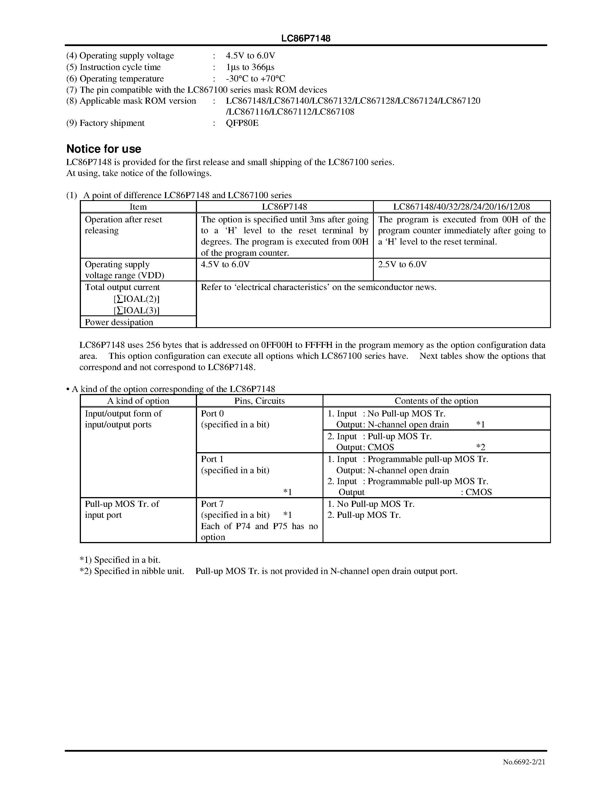 Datasheet LC86P7148 - 8-Bit Single Chip Microcontroller with One-Time Programmable PROM page 2