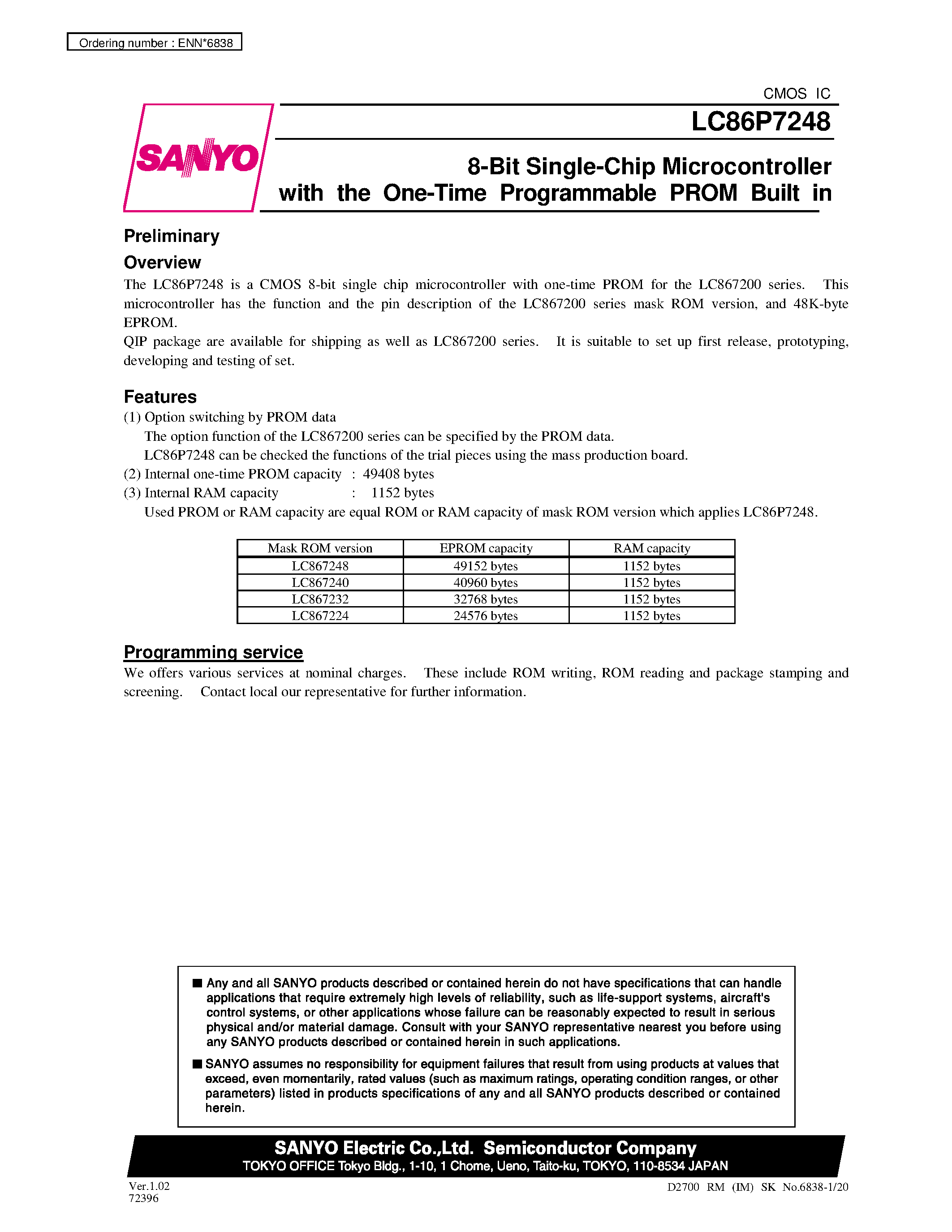 Datasheet LC86P7248 - 8-Bit Single-Chip Microcontroller with the One-Time Programmable PROM Built in page 1