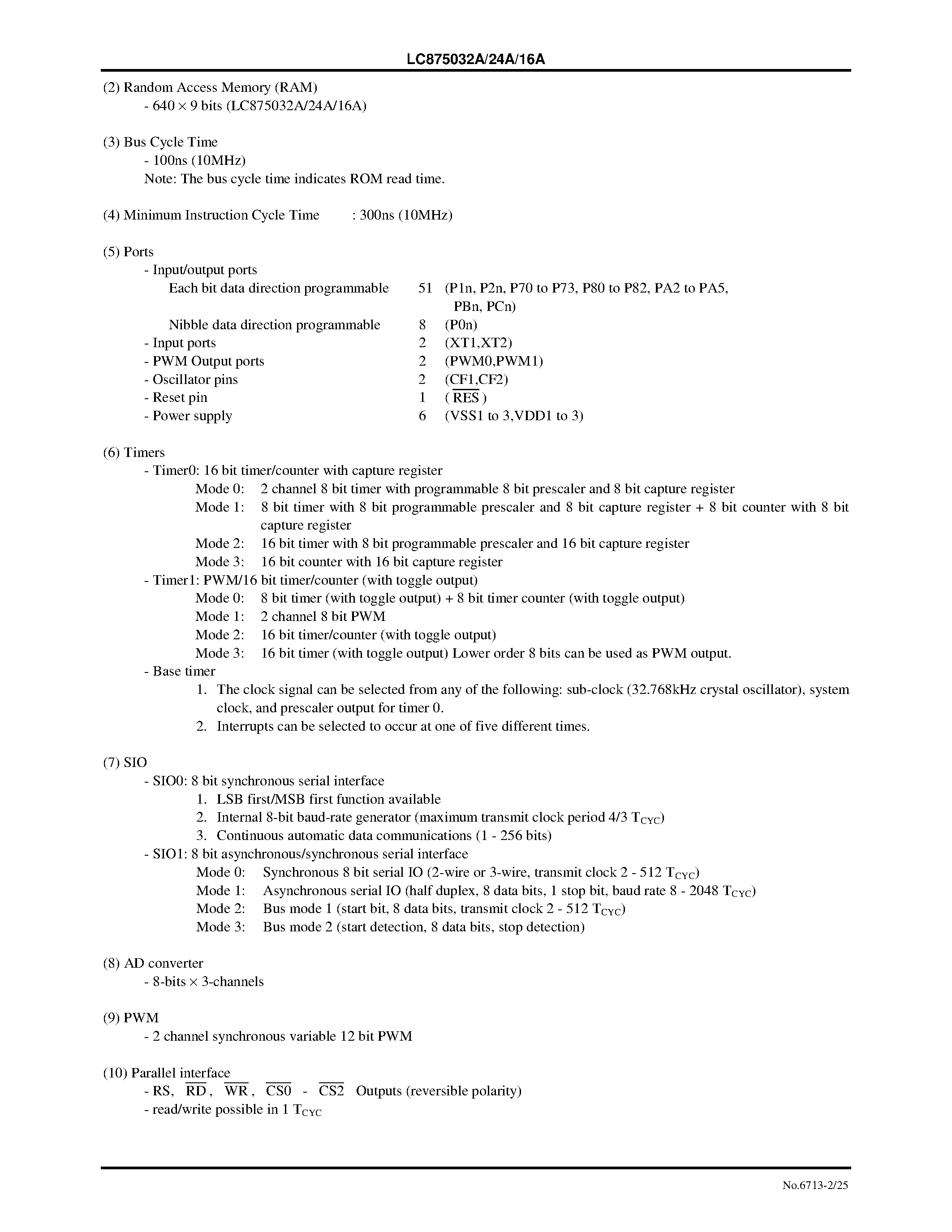 Datasheet LC875032A - 8-Bit Single Chip Microcontroller with 32/24/16K-Byte EPROM and 640-Byte RAM On Chip page 2
