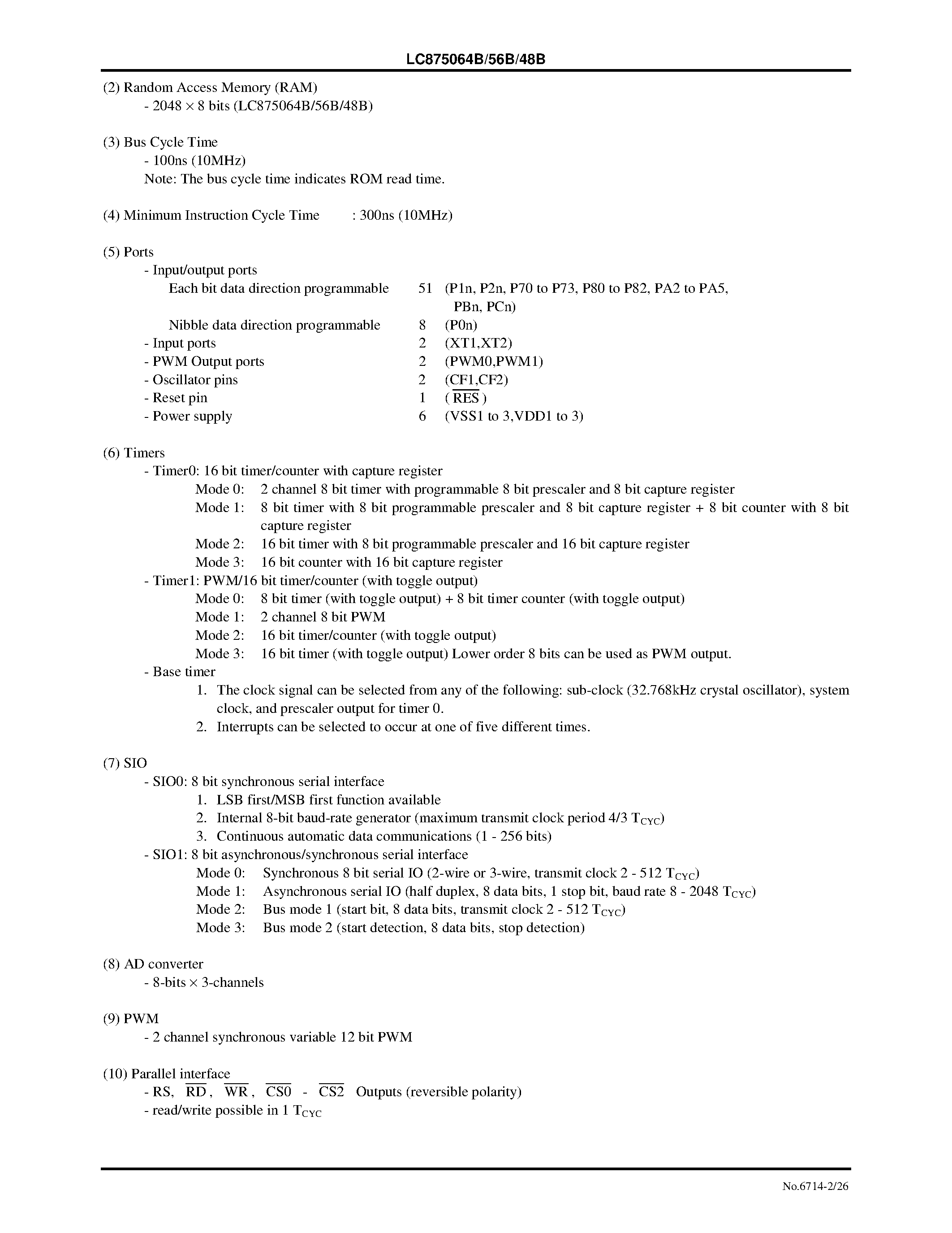 Datasheet LC875056B - 8-Bit Single Chip Microcontroller with 64/56/48K-Byte EPROM and 2048-Byte RAM On Chip page 2