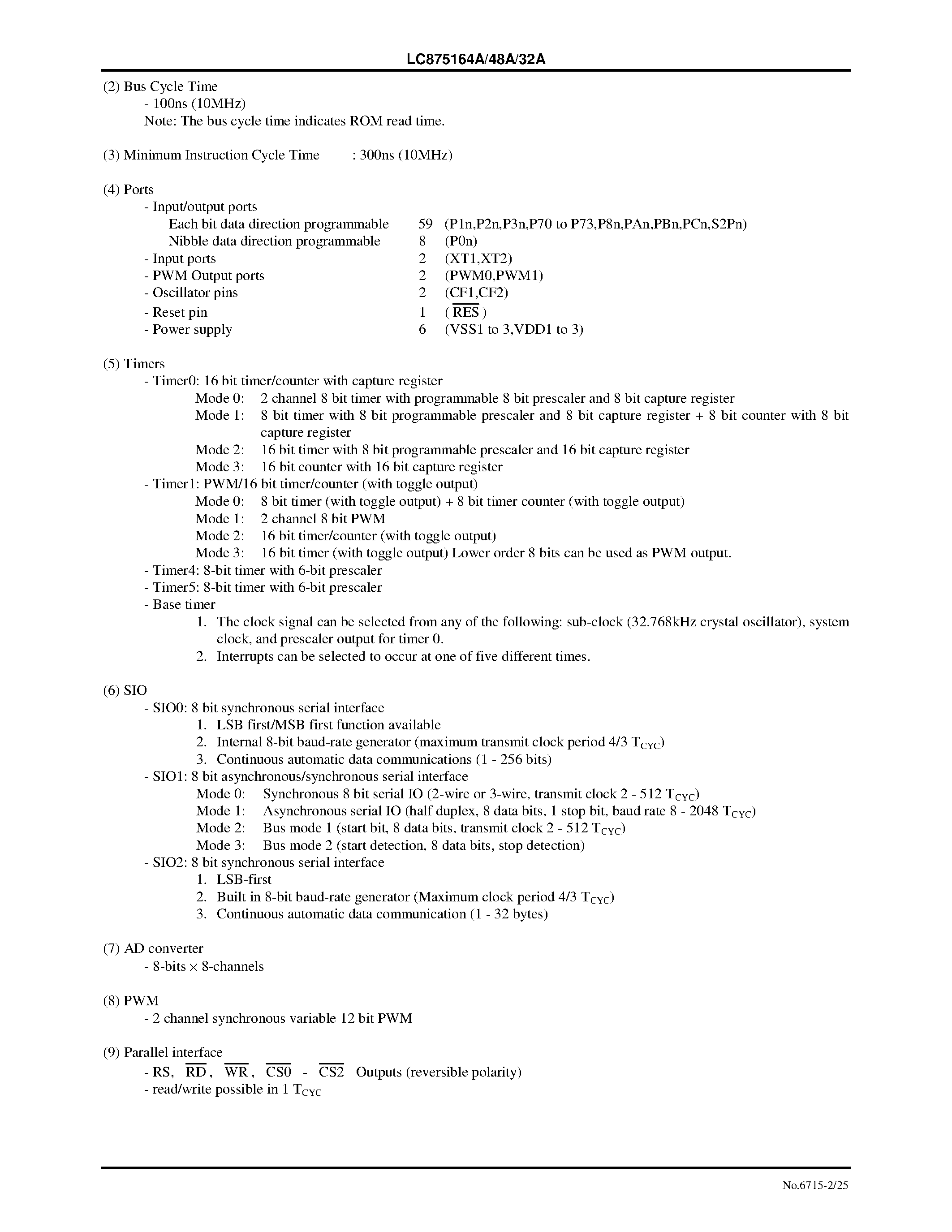 Datasheet LC875164A - 8-Bit Single Chip Microcontroller with 64/48/32K-Byte ROM and 1024-Byte RAM On Chip page 2