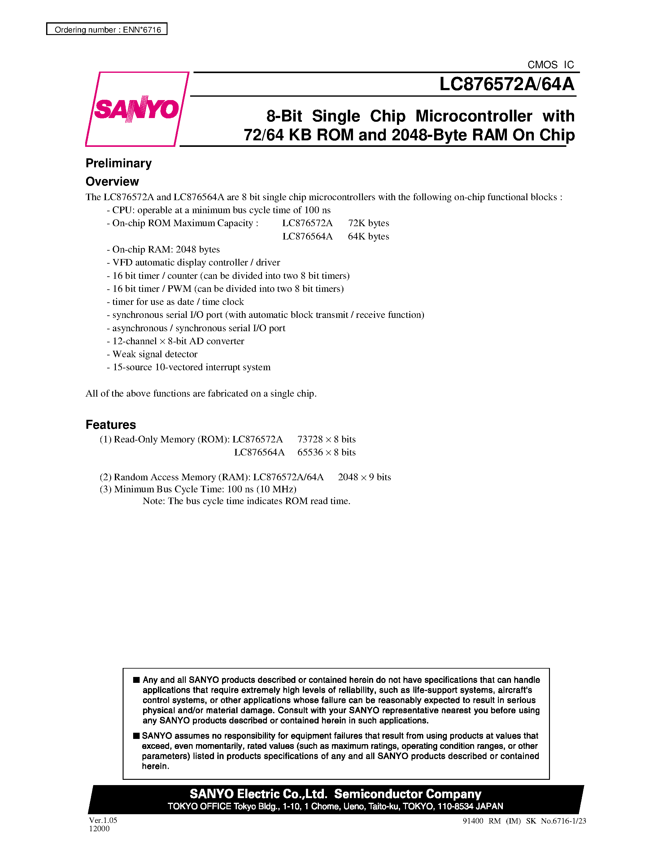 Datasheet LC876572A - 8-Bit Single Chip Microcontroller with 72/64 KB ROM and 2048-Byte RAM On Chip page 1