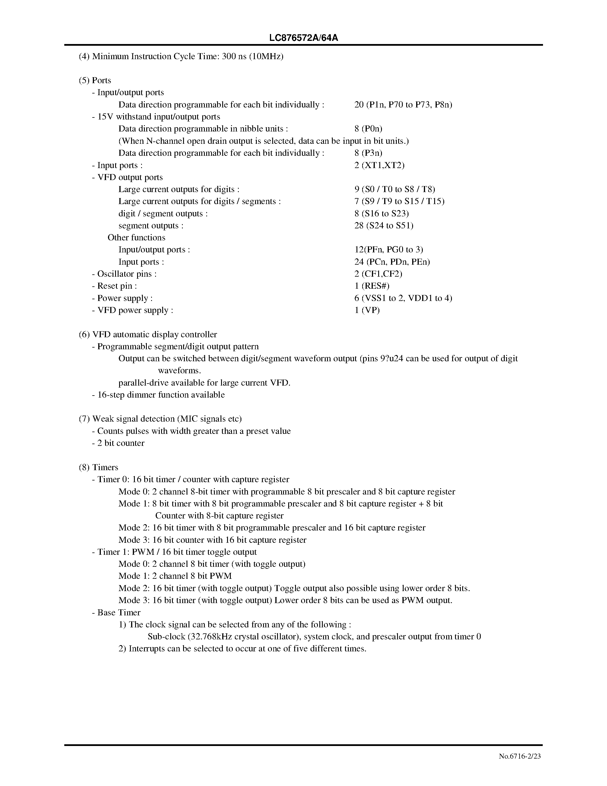 Datasheet LC876572A - 8-Bit Single Chip Microcontroller with 72/64 KB ROM and 2048-Byte RAM On Chip page 2