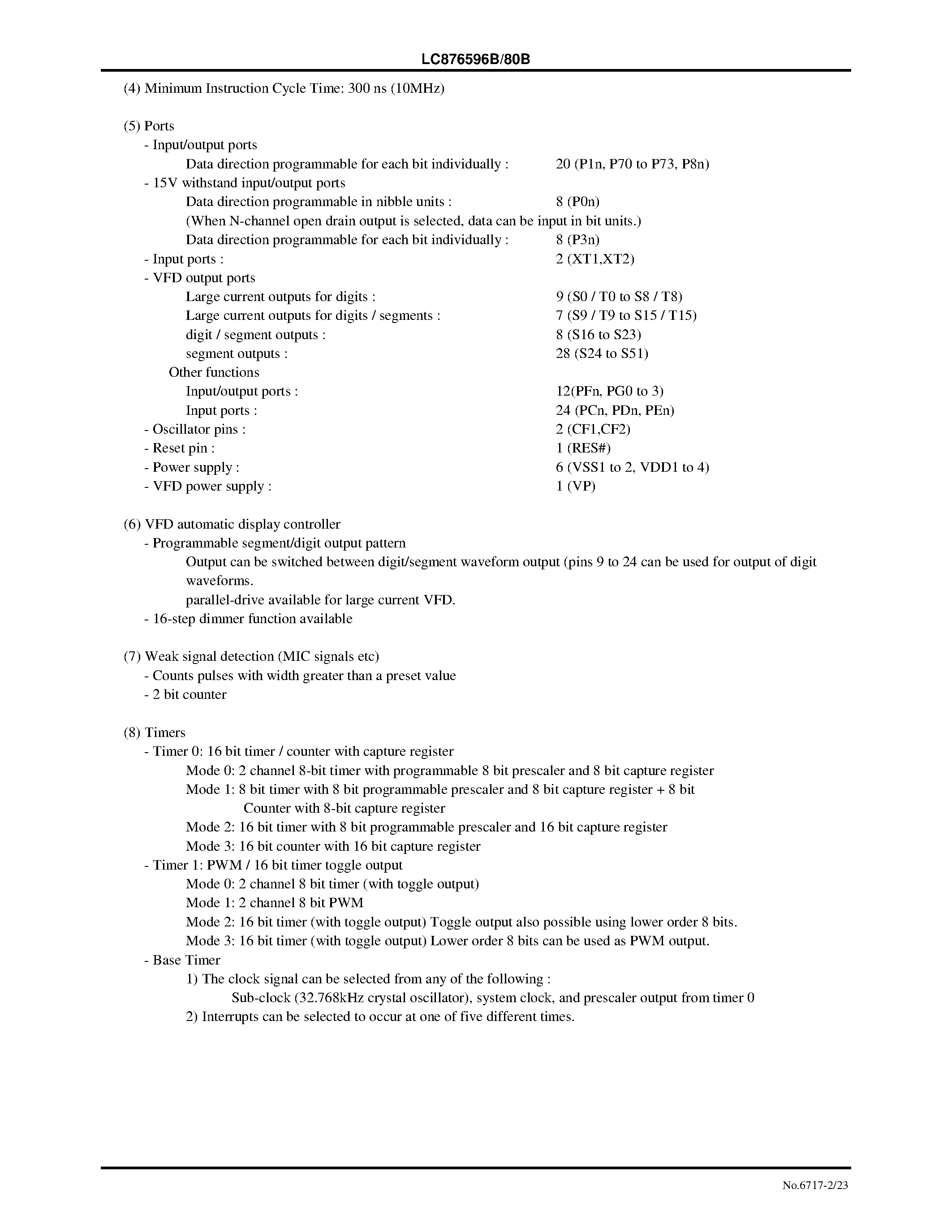 Datasheet LC876580B - 8-Bit Single Chip Microcontroller with 96/80 KB ROM and 2048-Byte RAM On Chip page 2
