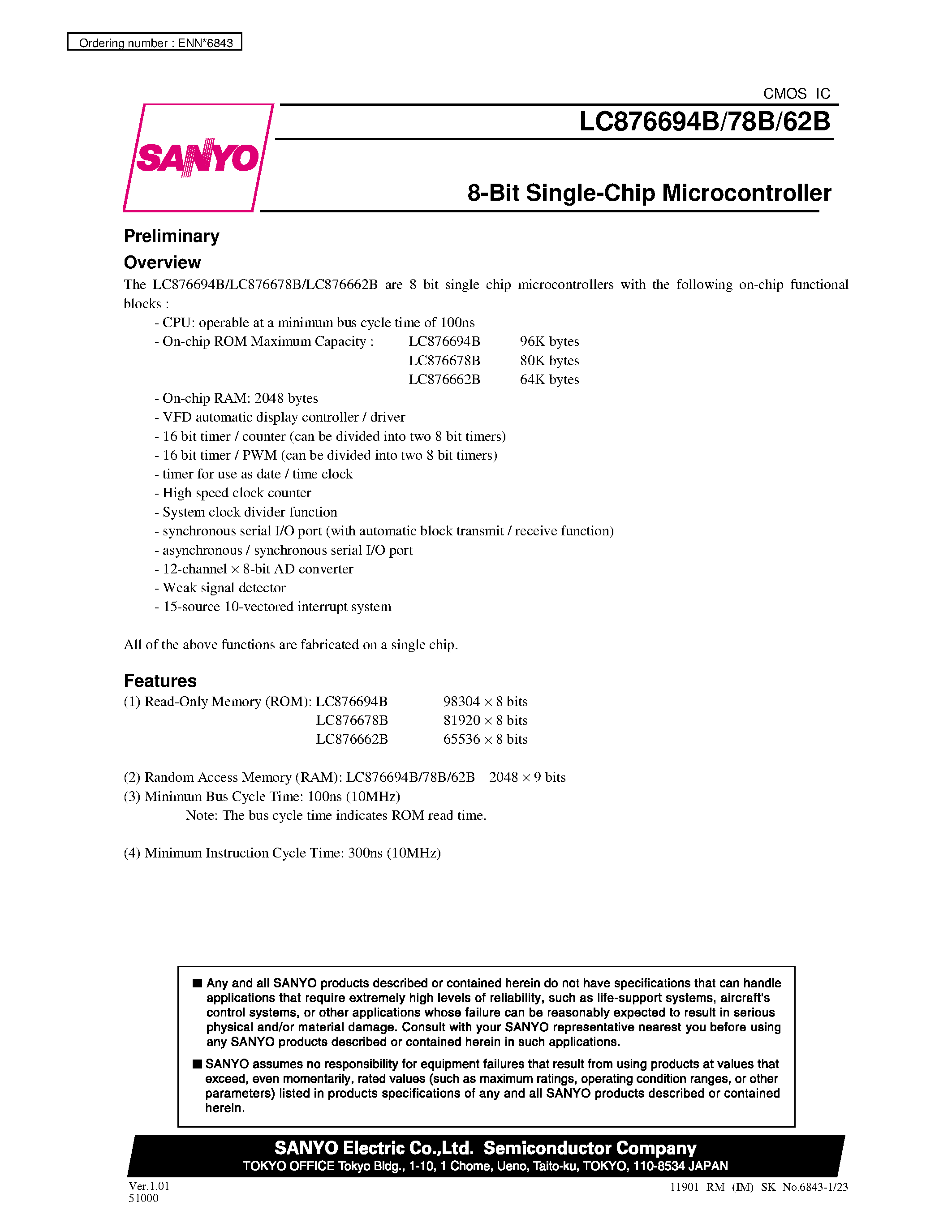 Datasheet LC876678B - 8-Bit Single-Chip Microcontroller page 1