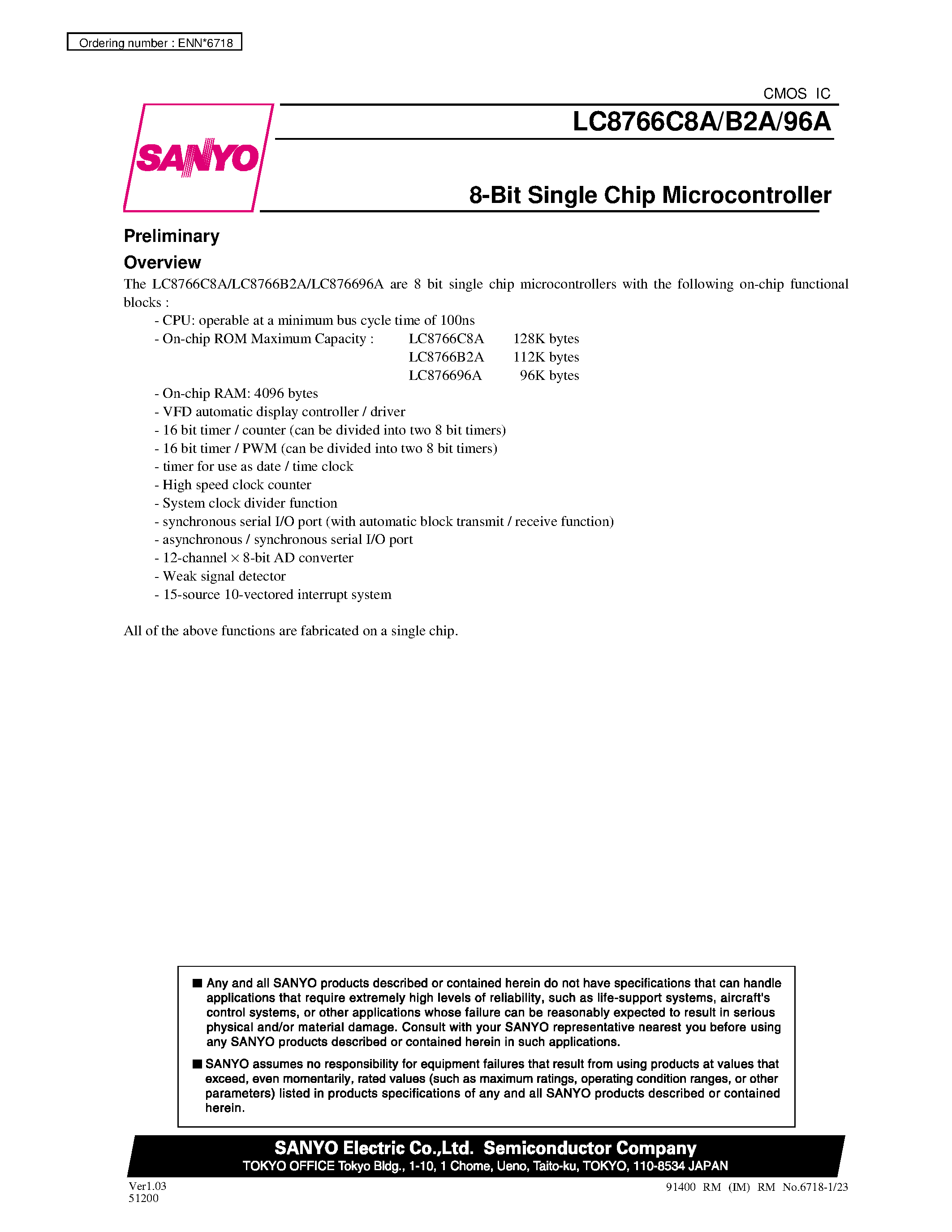 Datasheet LC8766B2A - 8-Bit Single Chip Microcontroller page 1