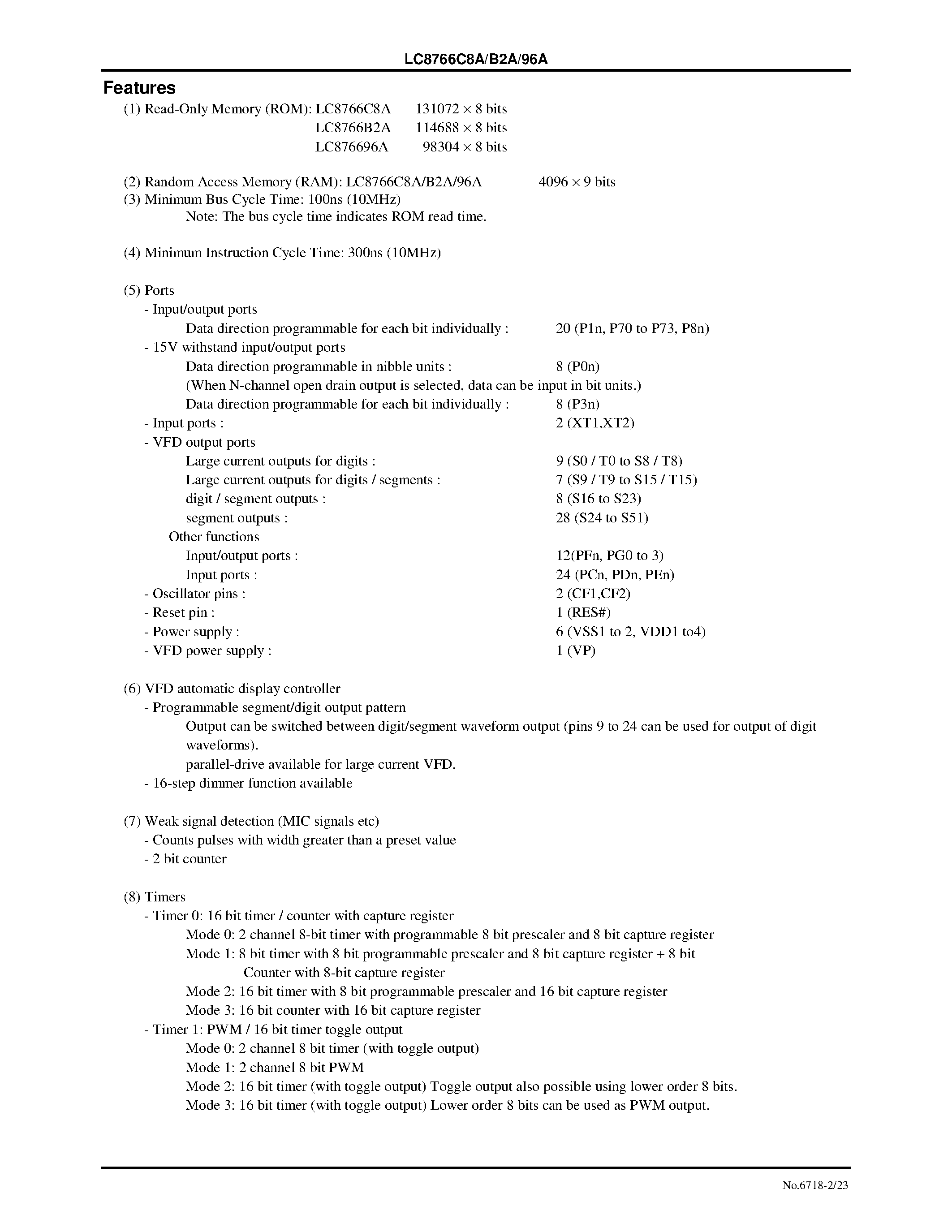Datasheet LC8766B2A - 8-Bit Single Chip Microcontroller page 2
