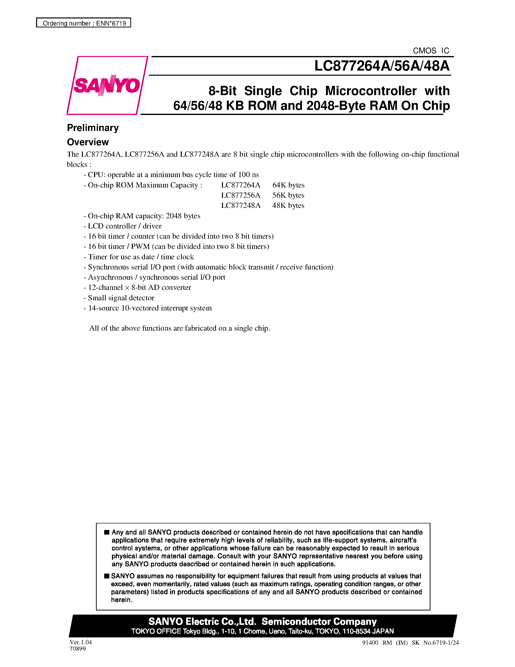 Datasheet LC877248A - 8-Bit Single Chip Microcontroller with 64/56/48 KB ROM and 2048-Byte RAM On Chip page 1