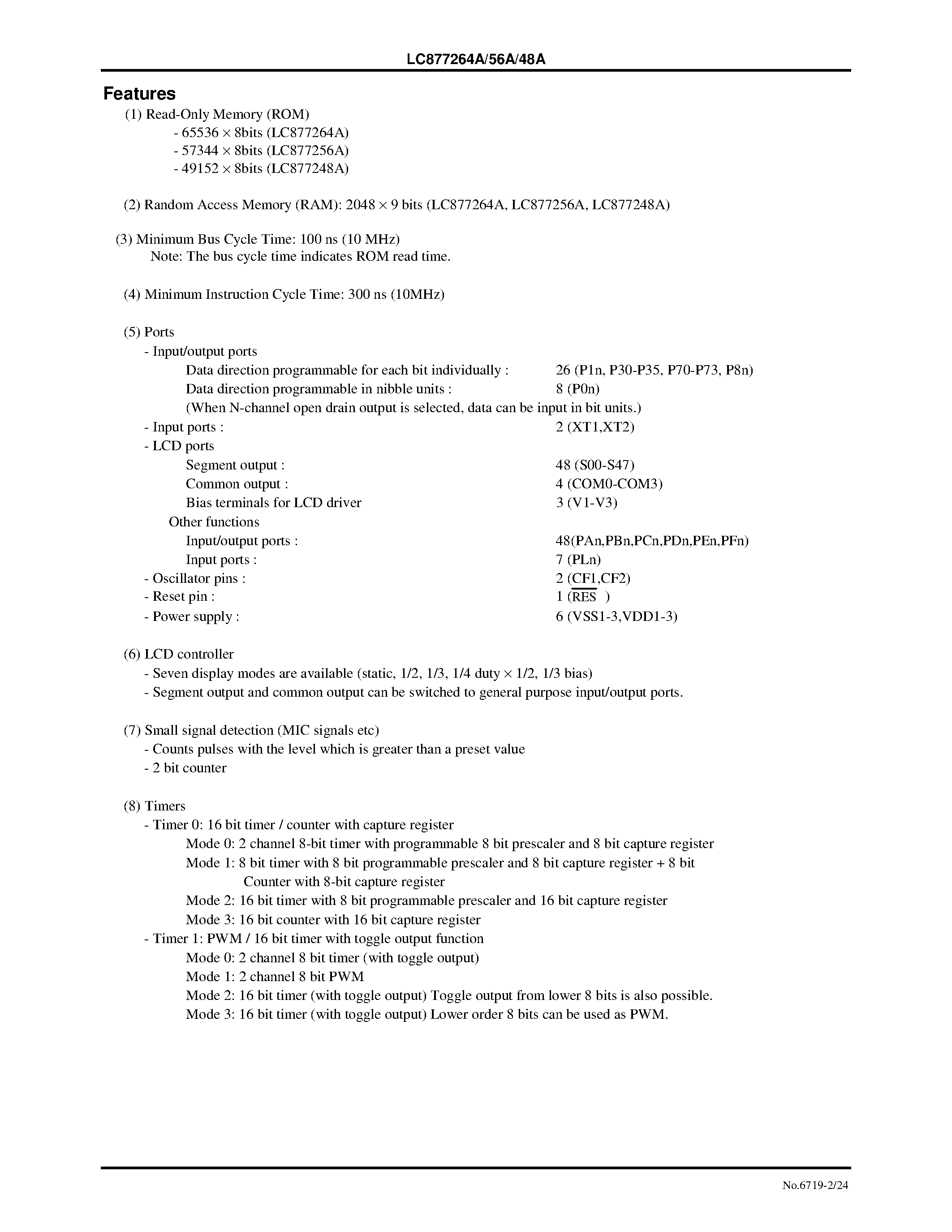 Datasheet LC877248A - 8-Bit Single Chip Microcontroller with 64/56/48 KB ROM and 2048-Byte RAM On Chip page 2