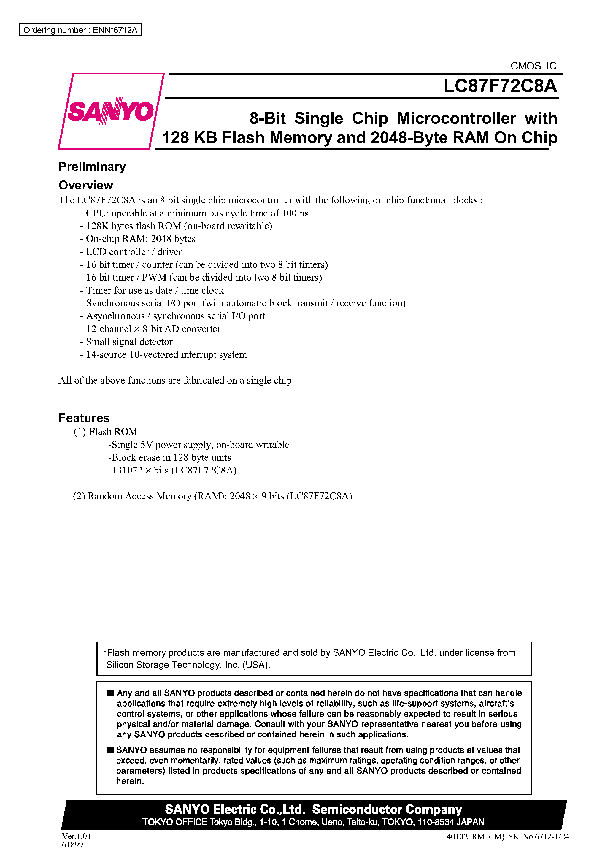 Datasheet LC8772C8B - 8-Bit Single Chip Microcontroller with 128KB Flash Momory and 2048-Byte RAM On Chip page 1