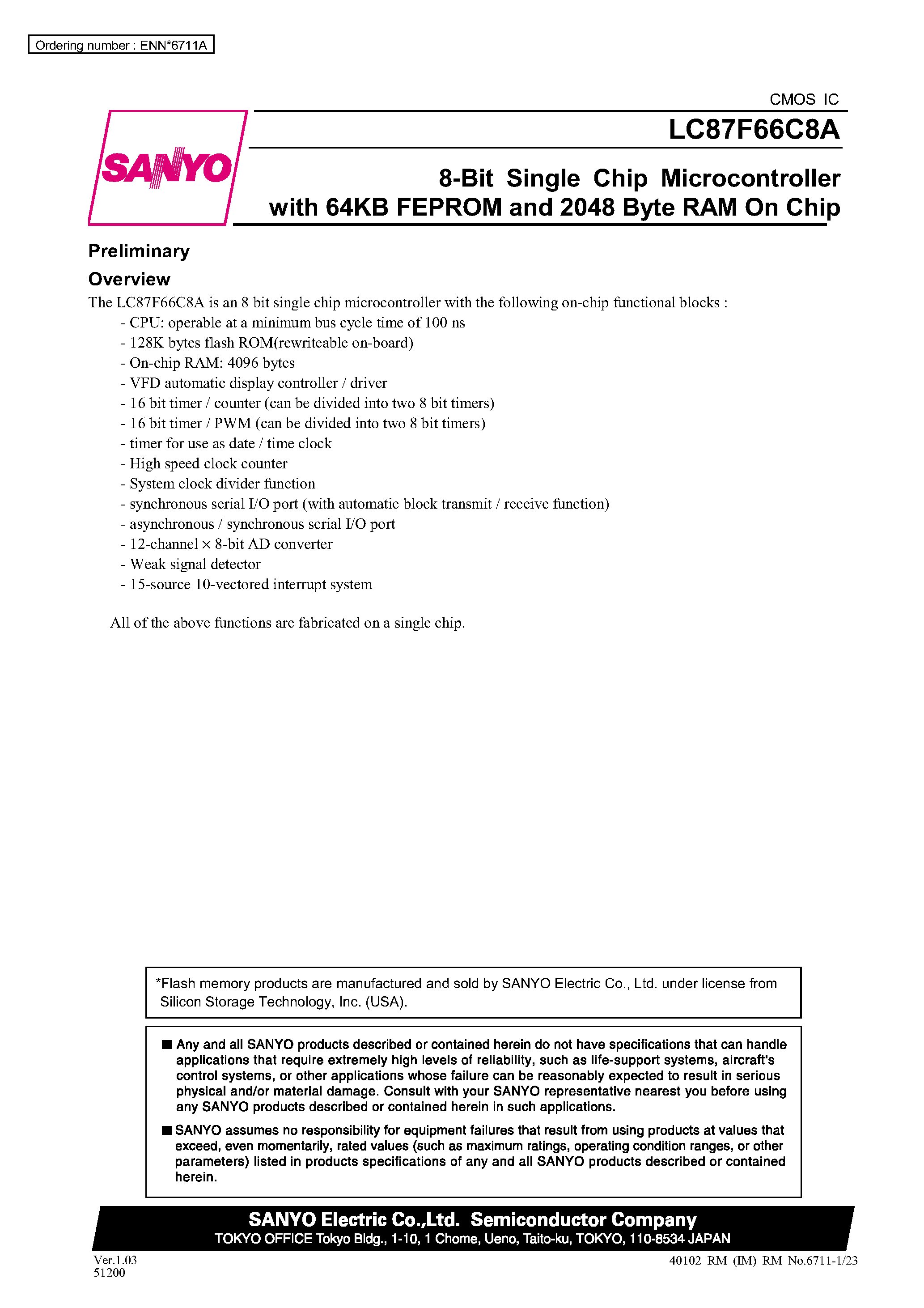 Datasheet LC87F66C8A - 8-Bit Single Chip Microcontroller with 64 KB FEPROM and 2048-Byte RAM On Chip page 1