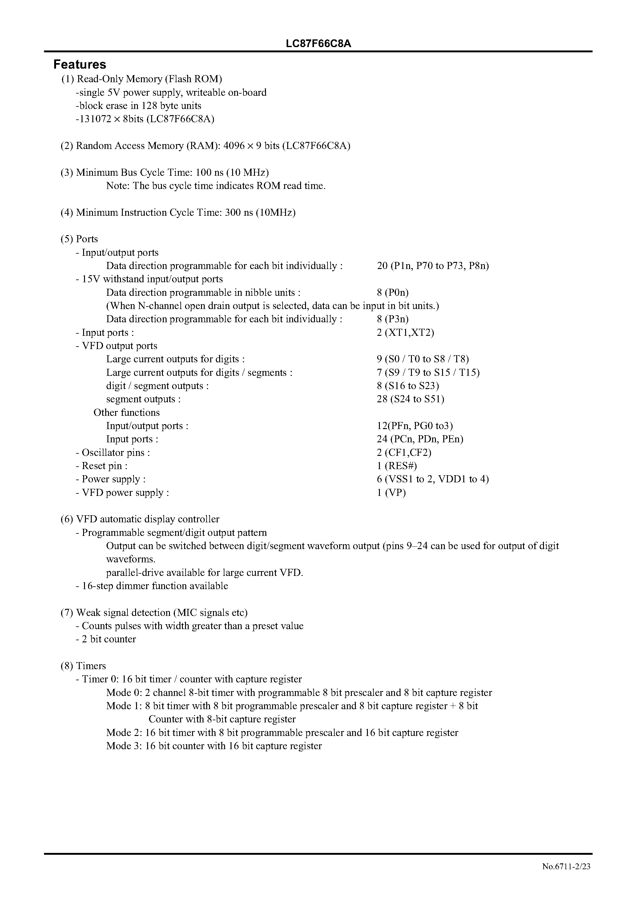 Datasheet LC87F66C8A - 8-Bit Single Chip Microcontroller with 64 KB FEPROM and 2048-Byte RAM On Chip page 2