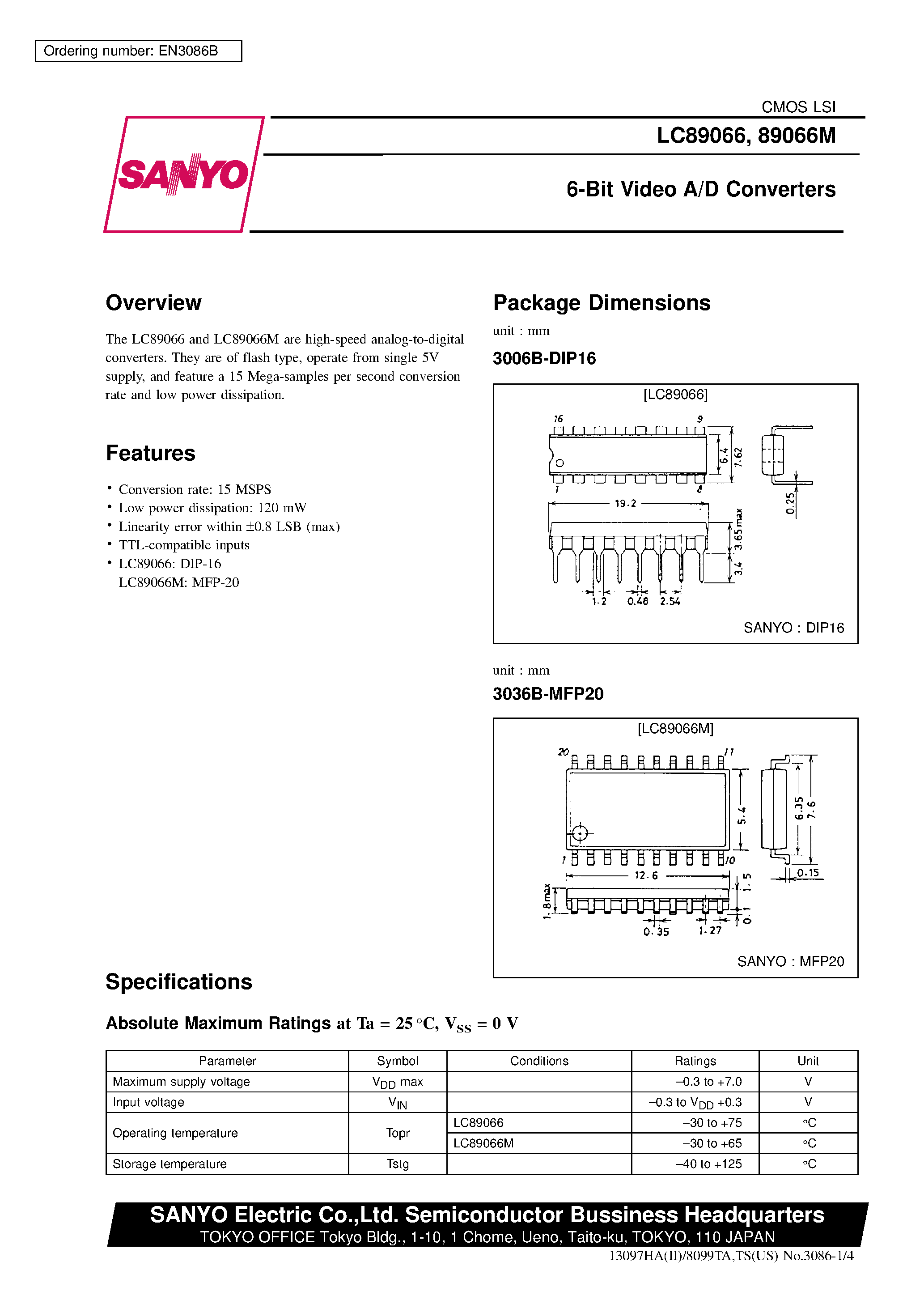 Даташит LC89066 - 6-Bit Video A/D Converters страница 1