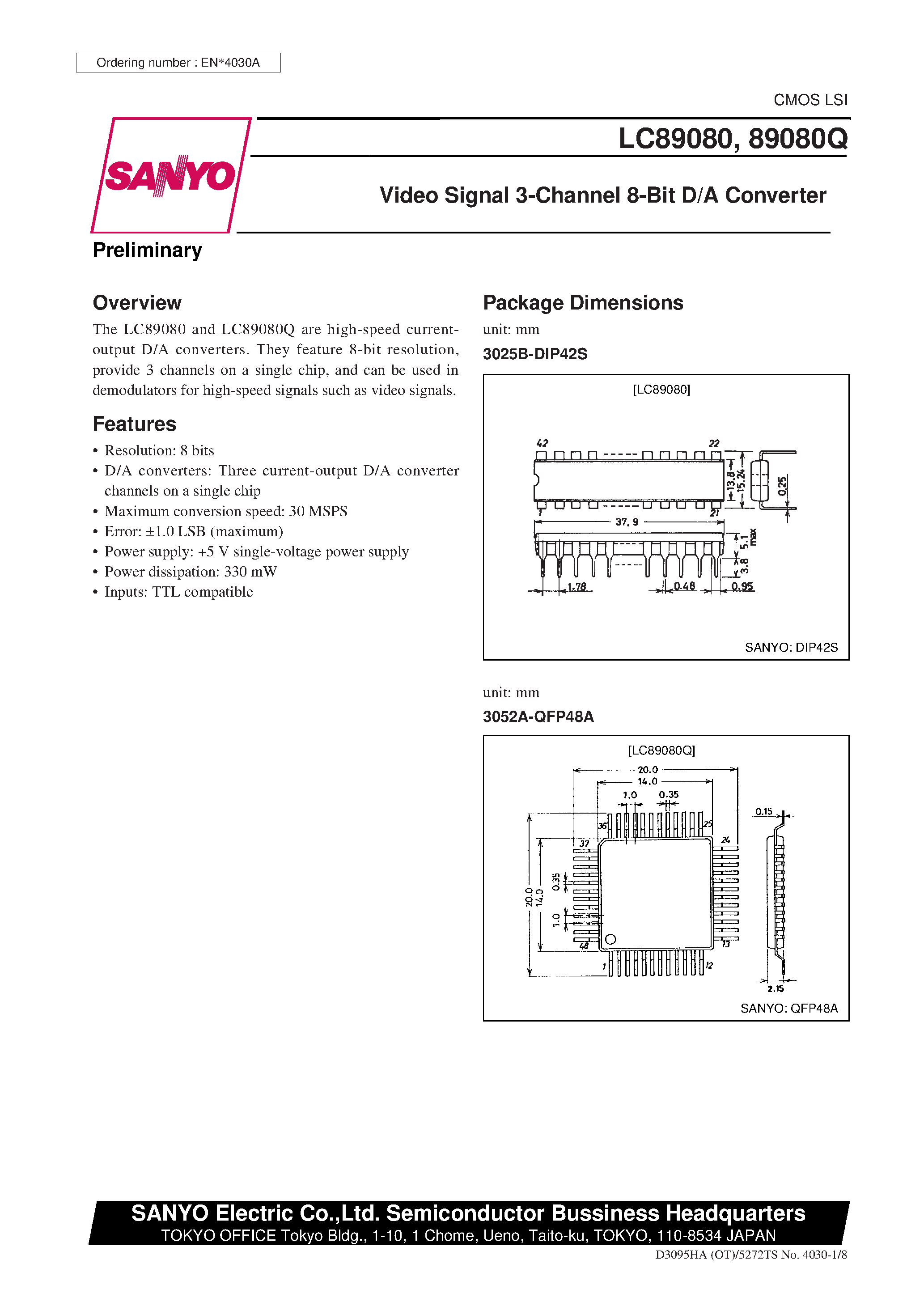 Даташит LC89080Q - Video Signal 3-Channel 8-Bit D/A Converter страница 1