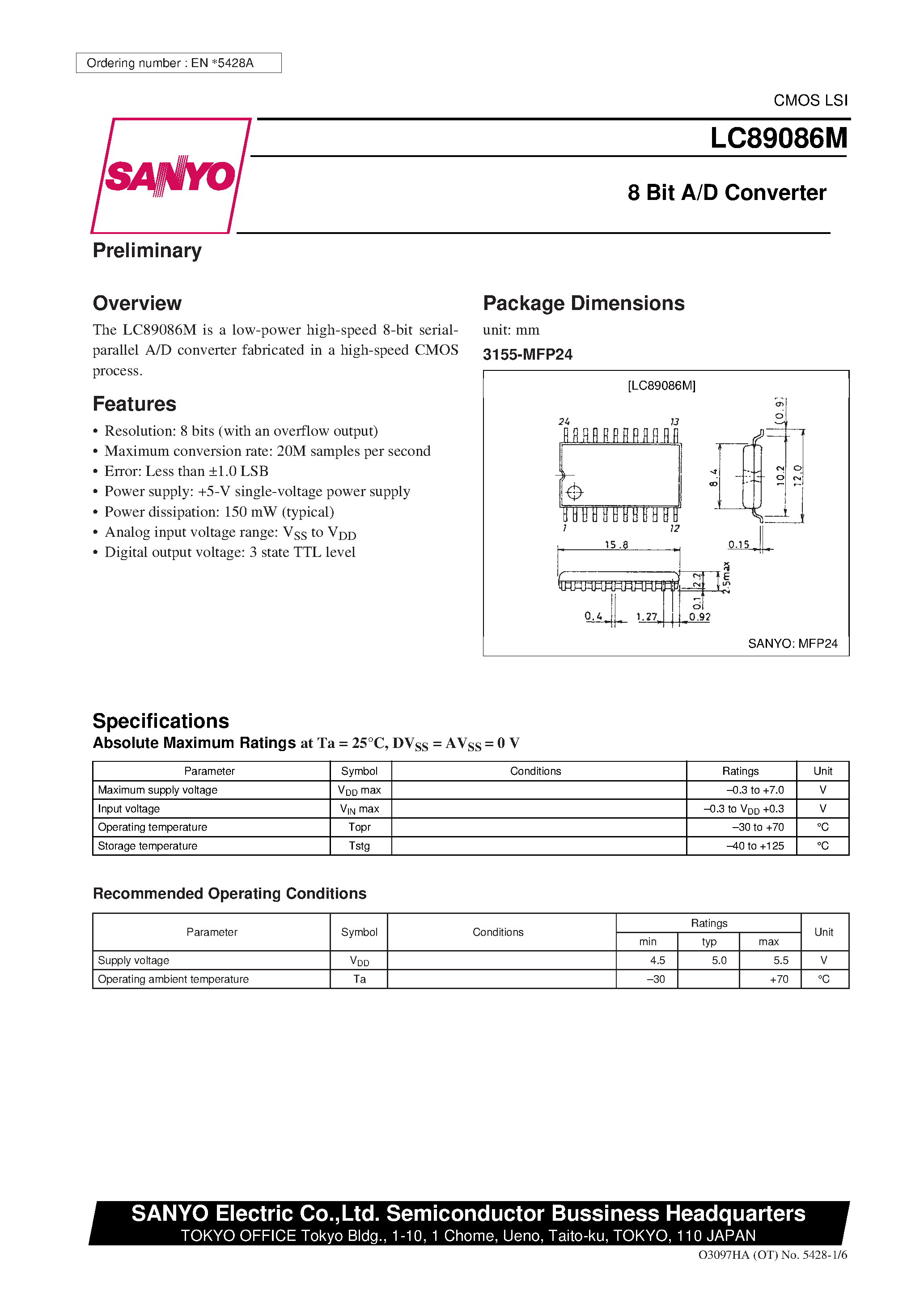 Даташит LC89086M - 8 Bit A/D Converter страница 1
