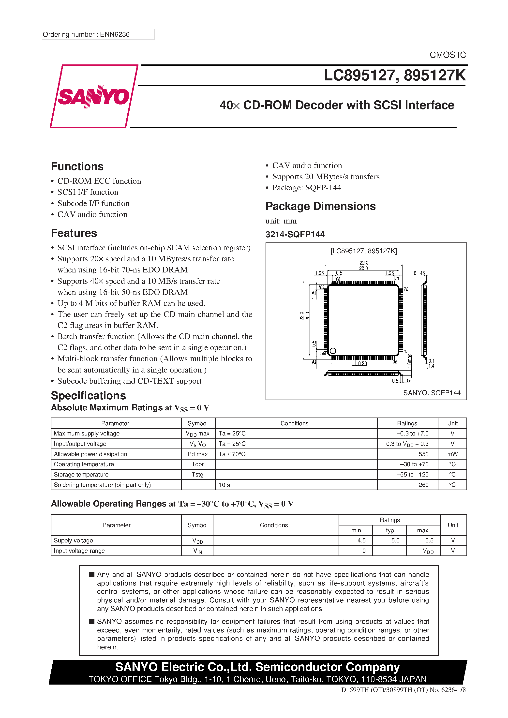 Даташит LC895127 - 40 x CD-ROM Decoder with SCSI Interface страница 1