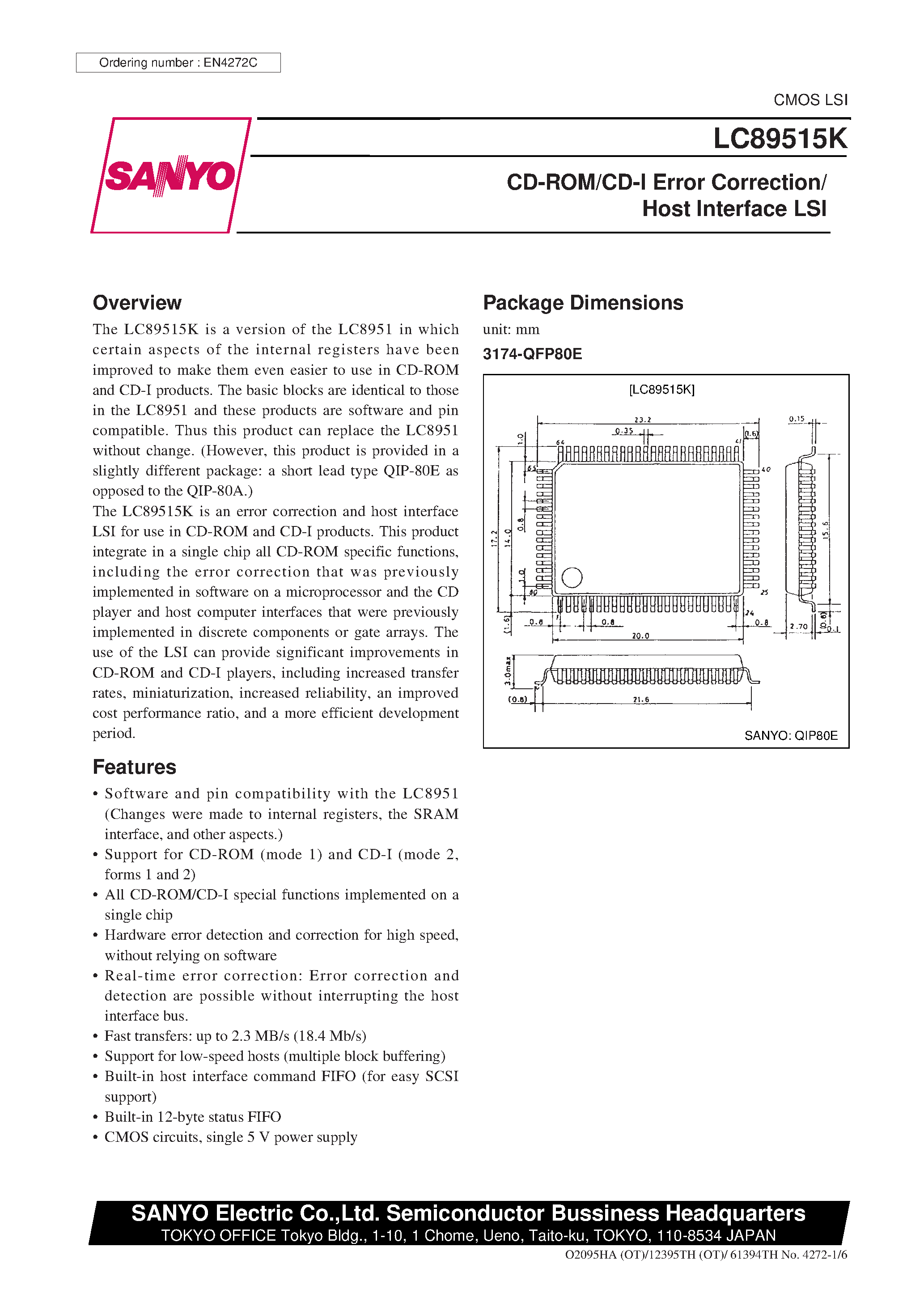 Datasheet LC89515 page 1 Datasheet LC89515 - CD-ROM/CD-I Error Correction/ Host Interface LSI page 1