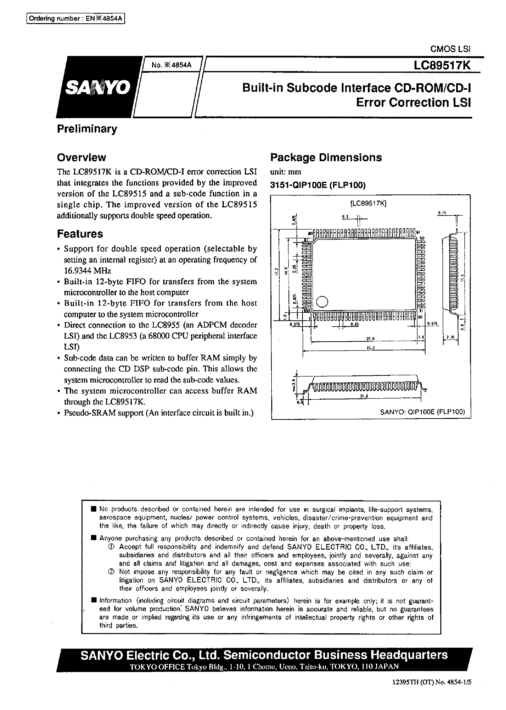 Datasheet LC89517 - Built-in Subcode Interface CD-ROM/CD-I Error Correction LSI page 1