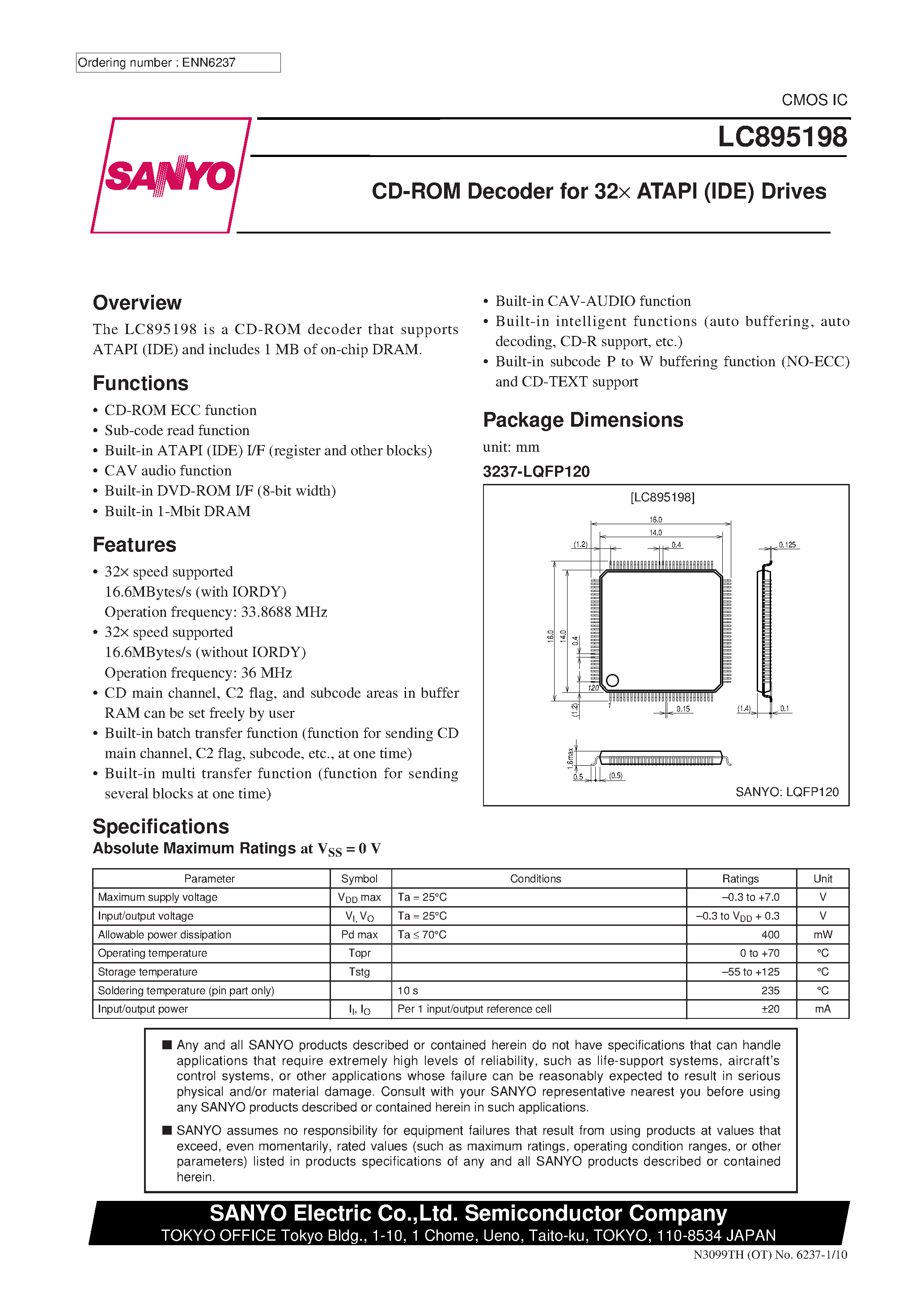 Даташит LC895198 - CD-ROM Decoder for 32 x ATAPI (IDE) Drives страница 1
