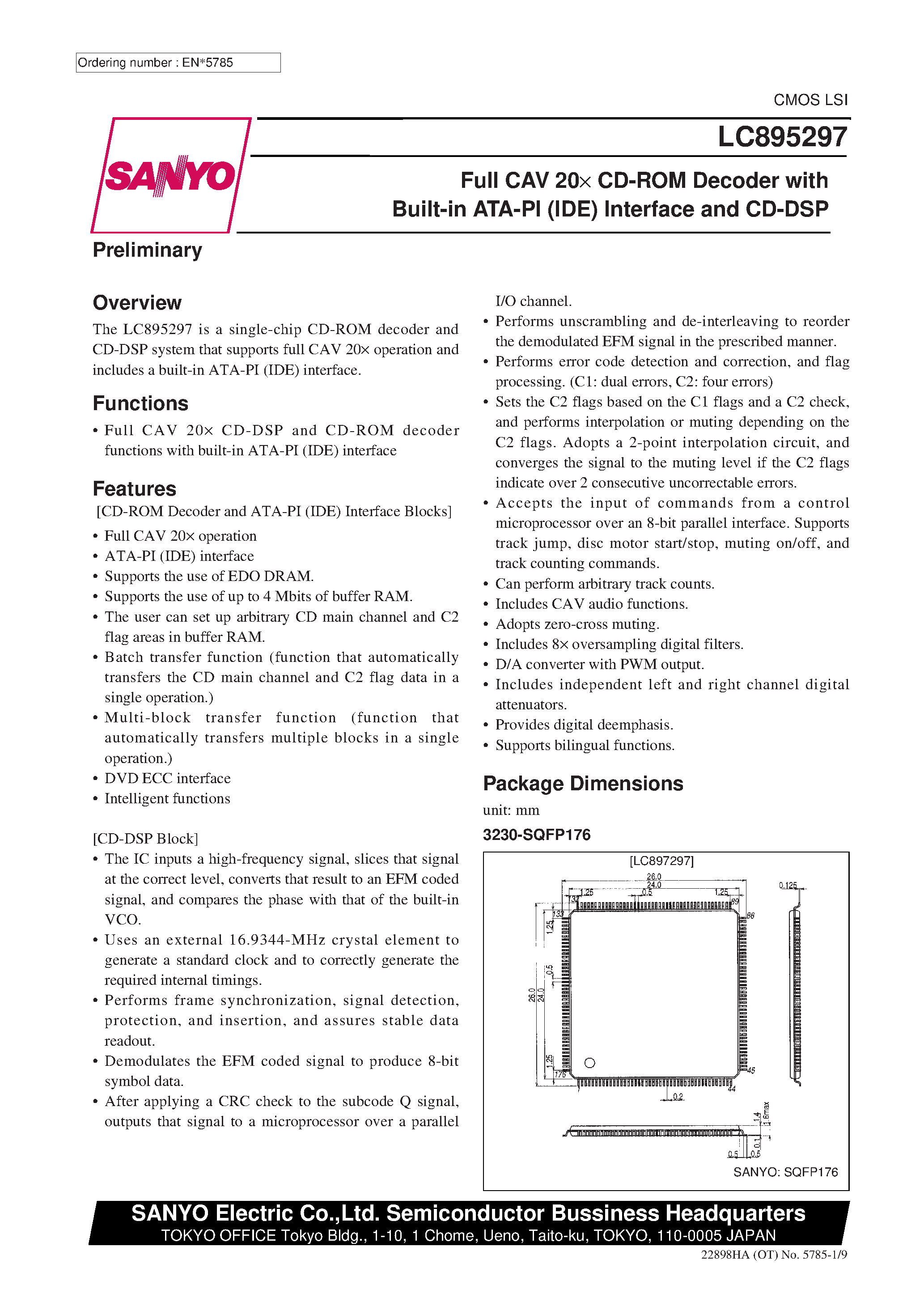 Даташит LC895297 - Full CAV 20 x CD-ROM Decoder with Built-in ATA-PI (IDE) Interface and CD-DSP страница 1