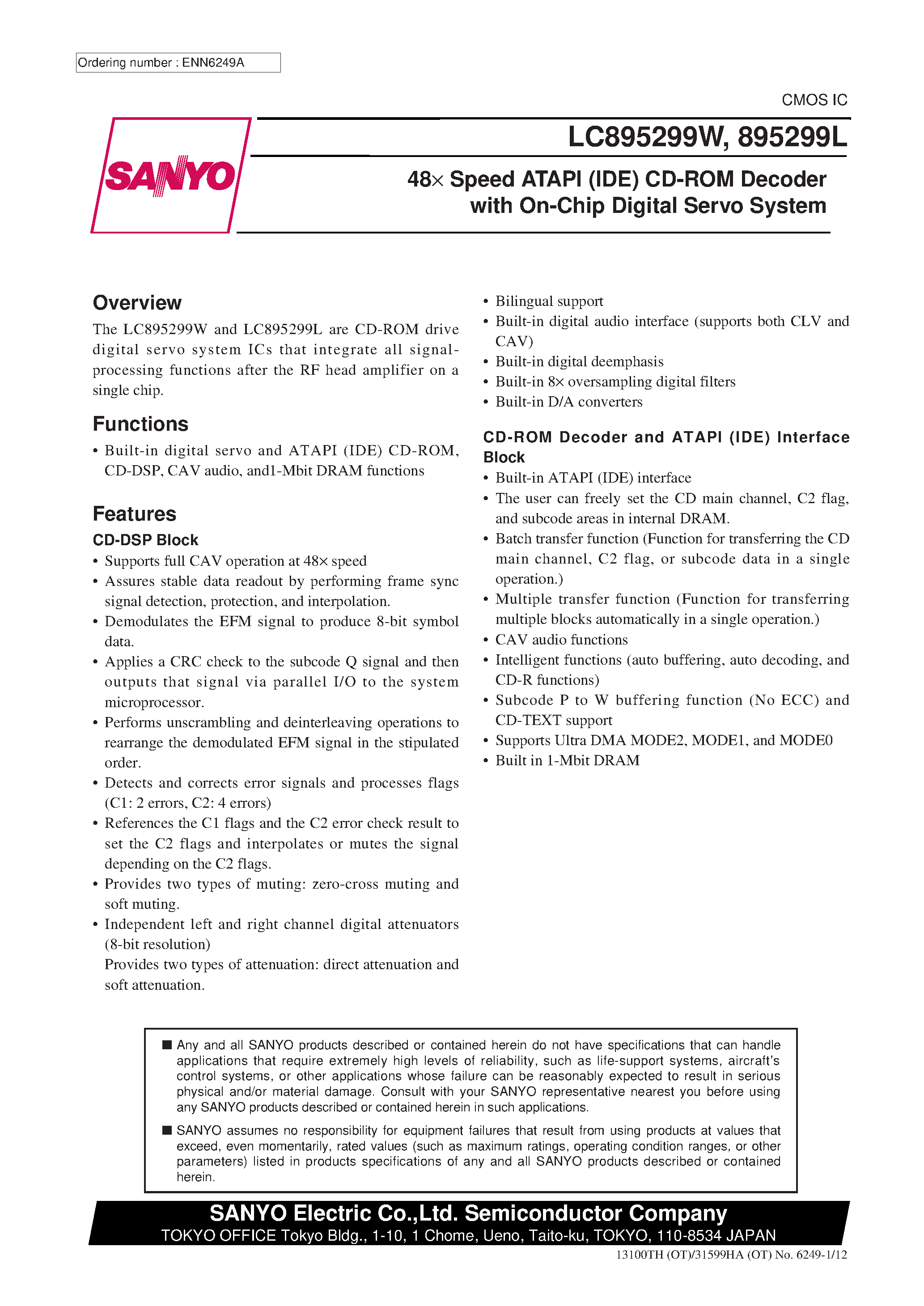Даташит LC895299L - 48 x Speed ATAPI (IDE) CD-ROM Decoder with On-Chip Digital Servo System страница 1