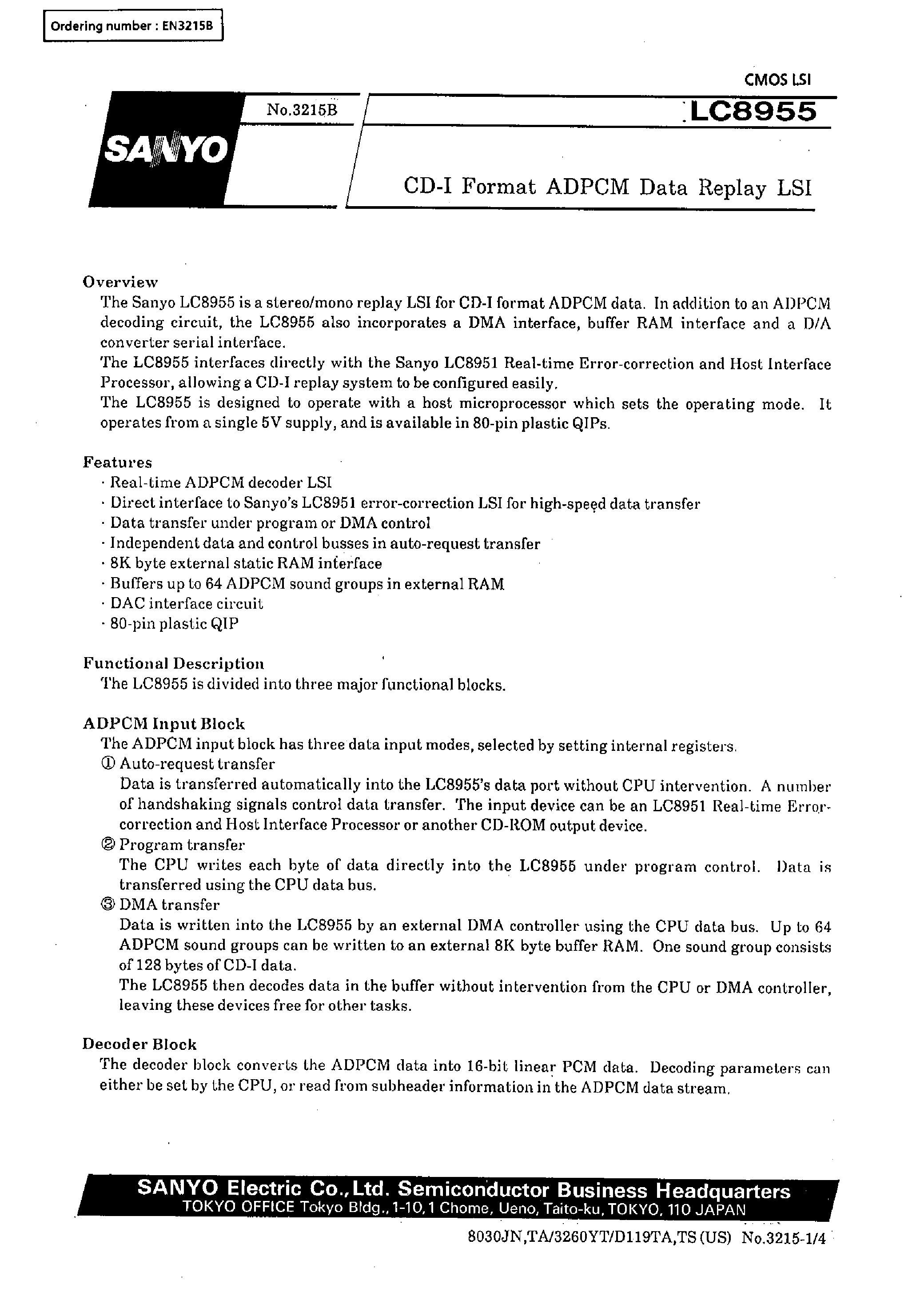 Datasheet LC8955 page 1 Datasheet LC8955 - CD-1 Format ADPCM Data Replay LSI page 1