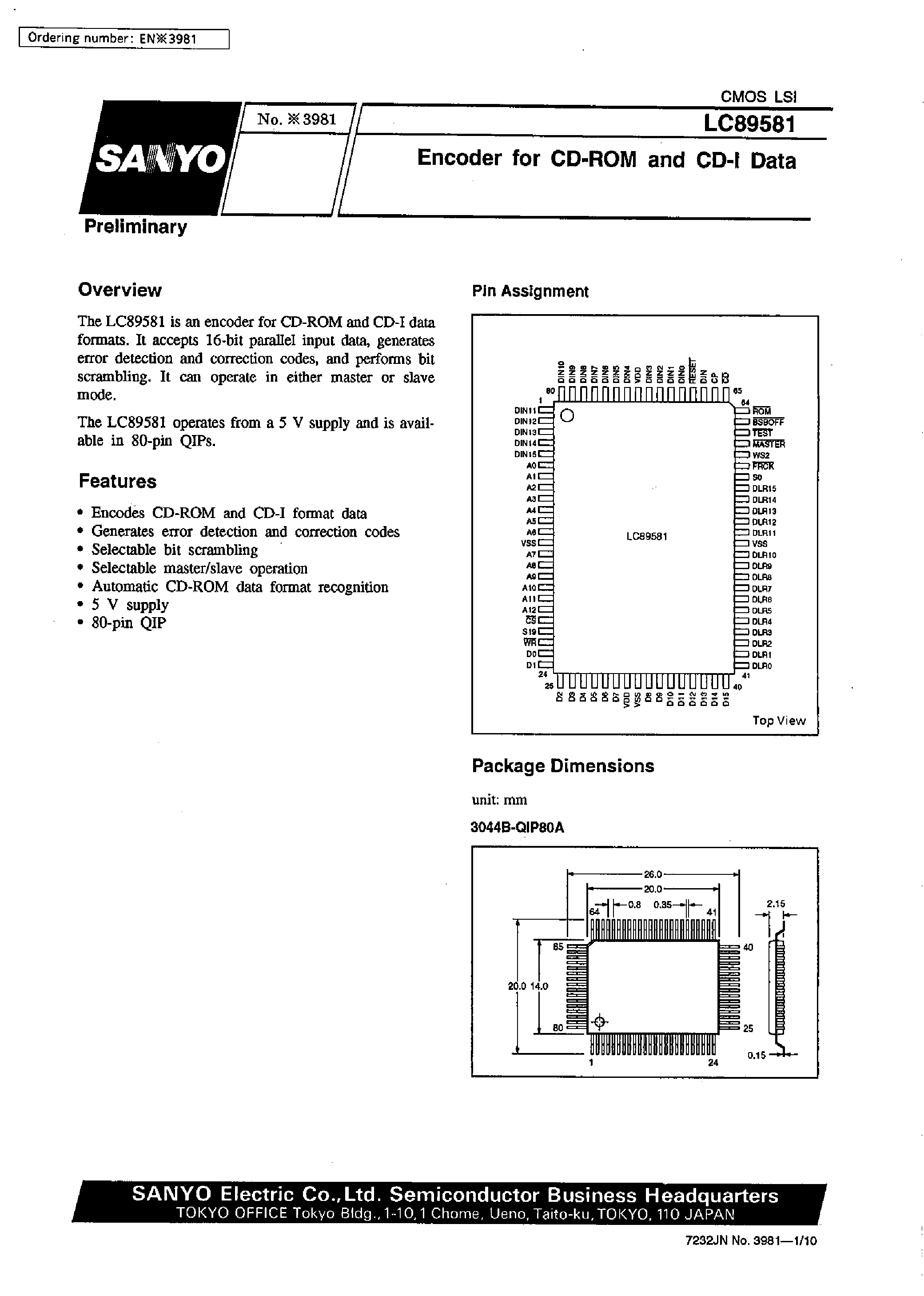 Даташит LC89581 - Encoder for CD-ROM and CD-1 Data страница 1