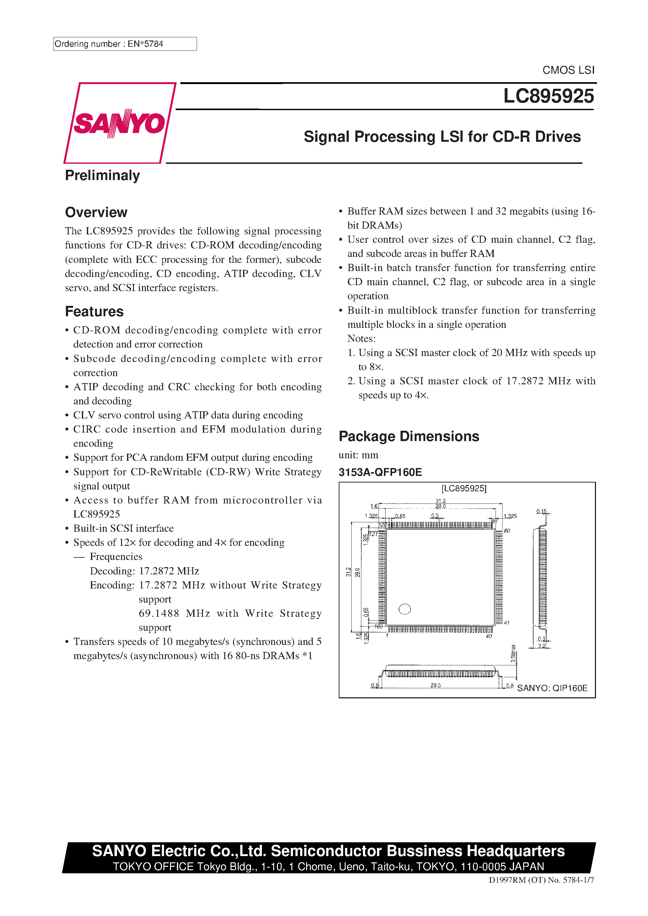 Datasheet LC895925 page 1 Datasheet LC895925 - Signal Processing LSI for CD-R Drives page 1