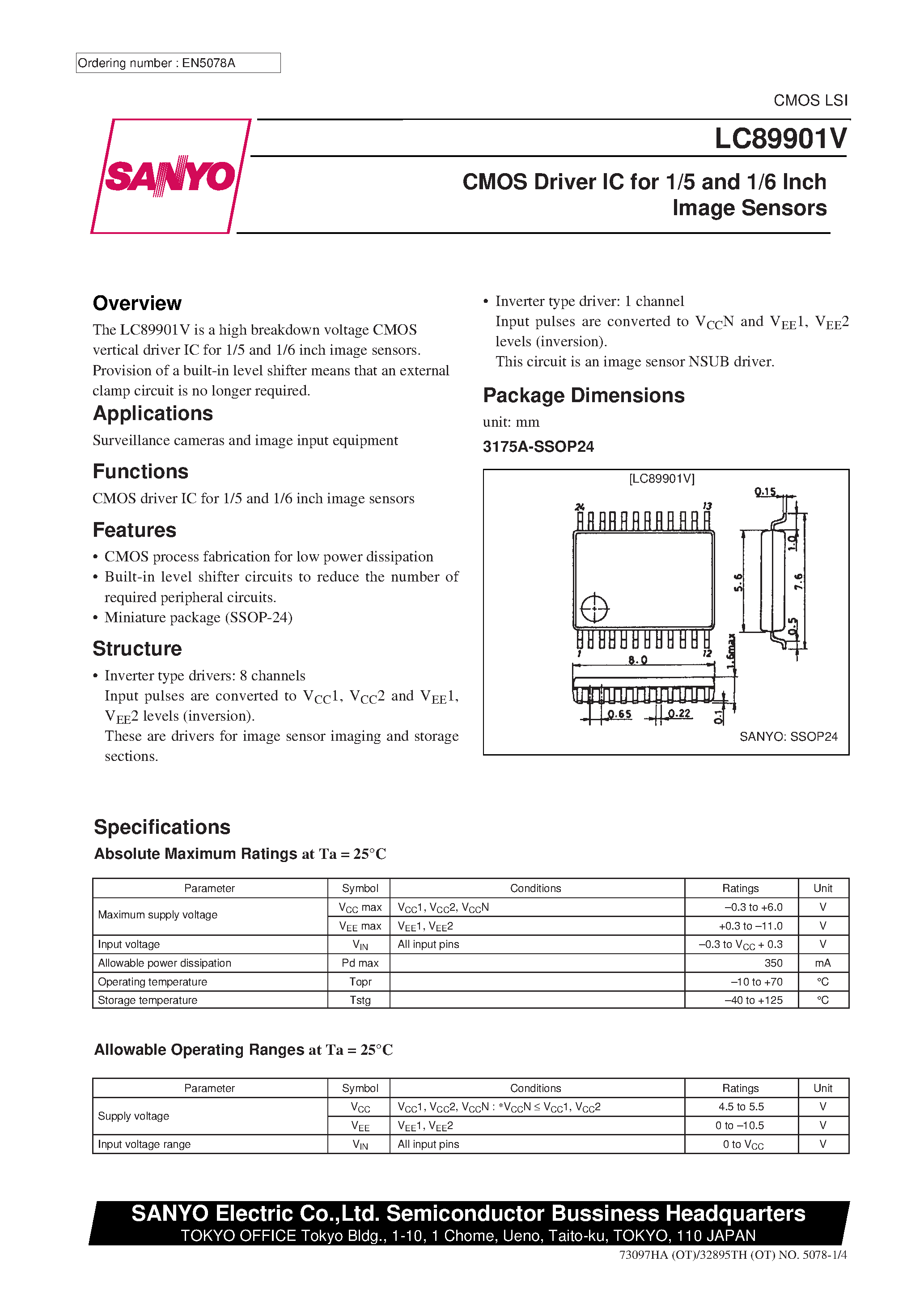 Datasheet LC89901V - CMOS Driver IC for 1/5 and 1/6 Inch Image Sensors page 1