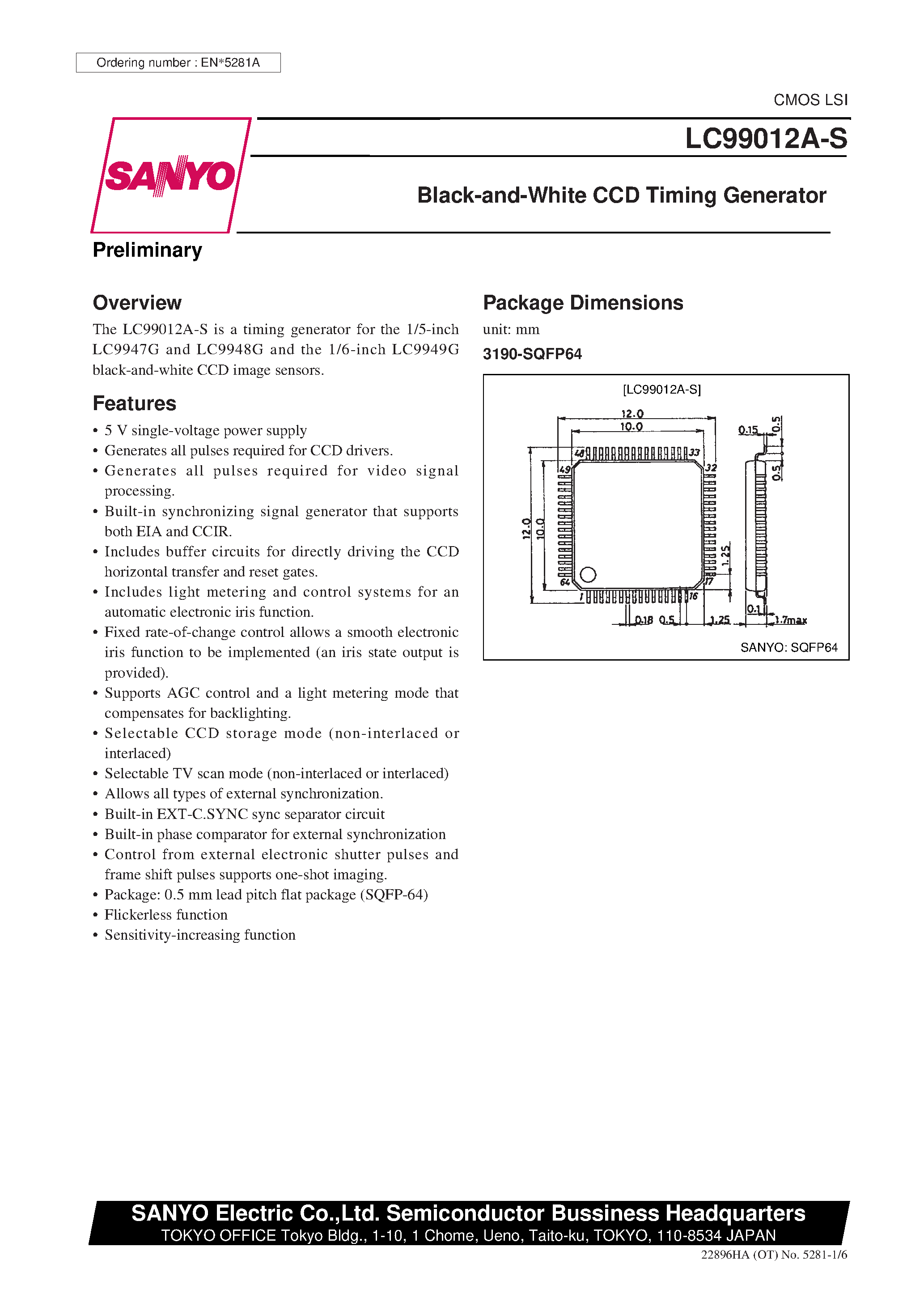 Datasheet LC99012A-S - Black-and-White CCD Timing Generator page 1
