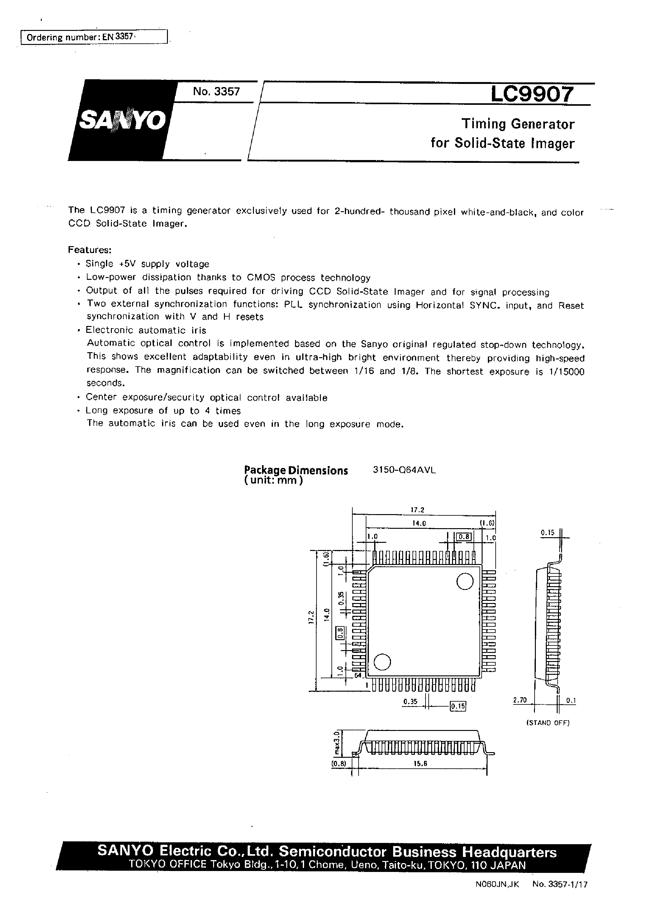 Datasheet LC9907 page 1 Datasheet LC9907 - Timing Generator for Solid-State Imager page 1