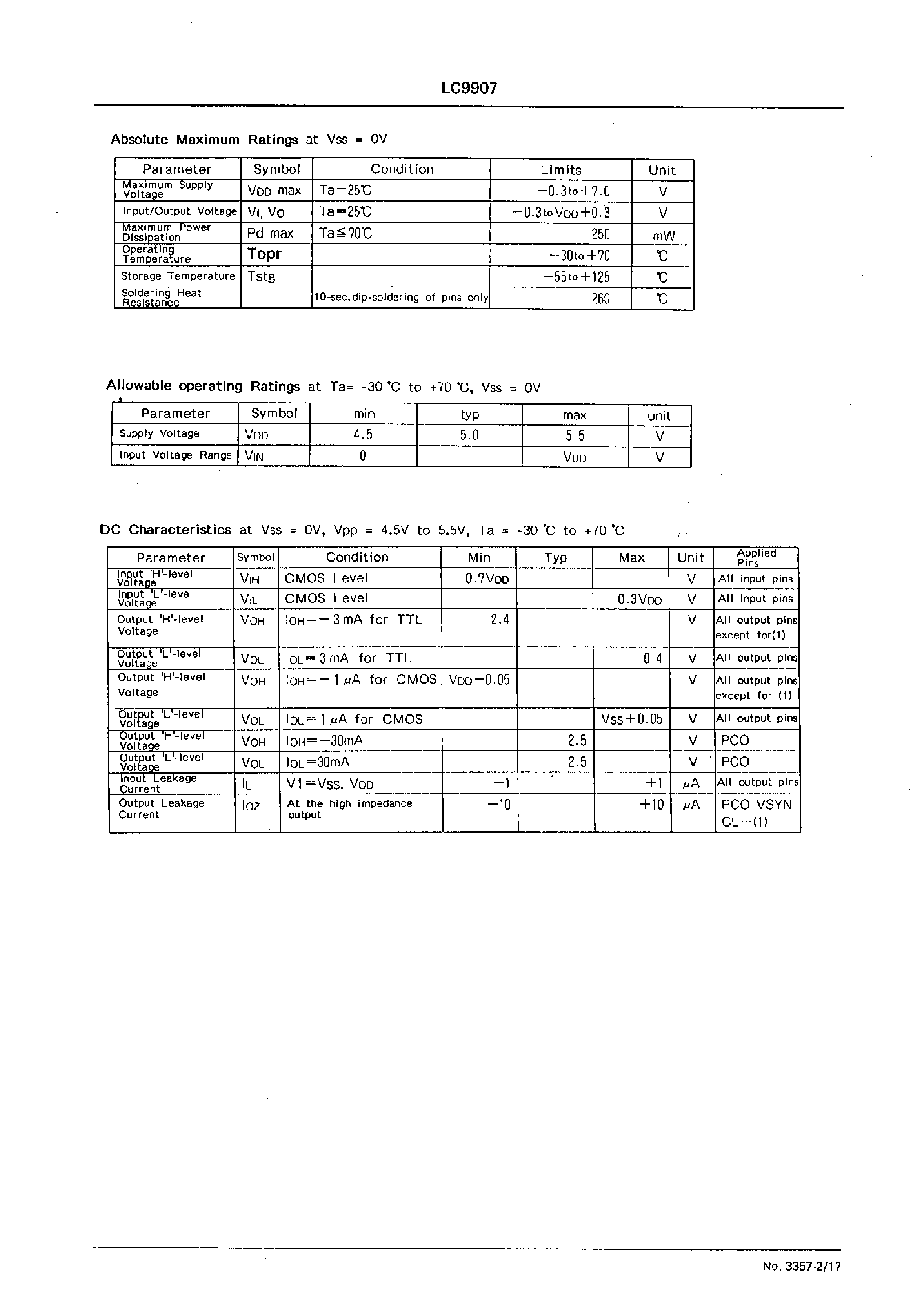 Datasheet LC9907 page 2 Datasheet LC9907 - Timing Generator for Solid-State Imager page 2
