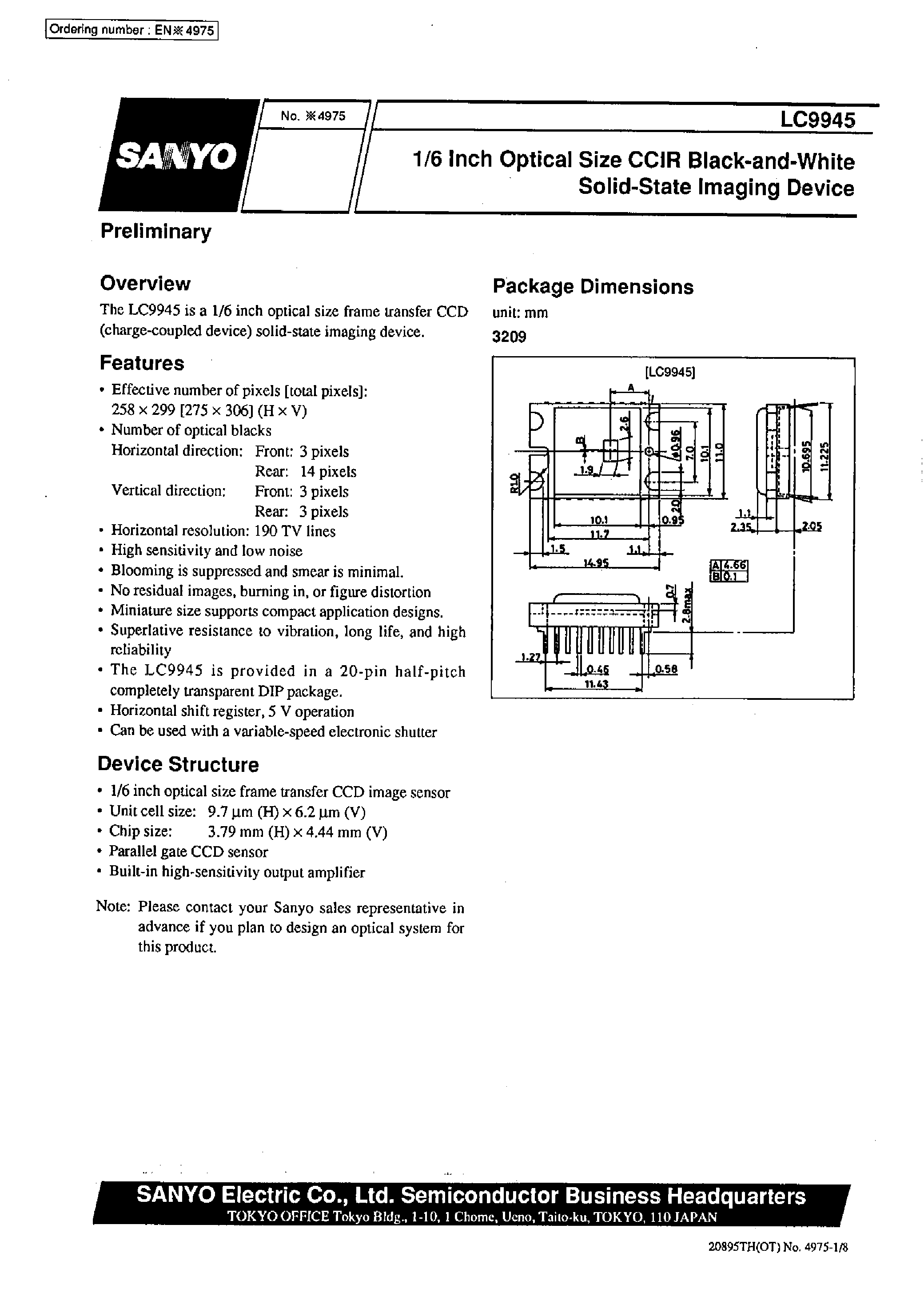 Datasheet LC9945 page 1 Datasheet LC9945 - 1/6 Inch Optical Size CCIR Black-and-White Solid-State Imaging Device page 1