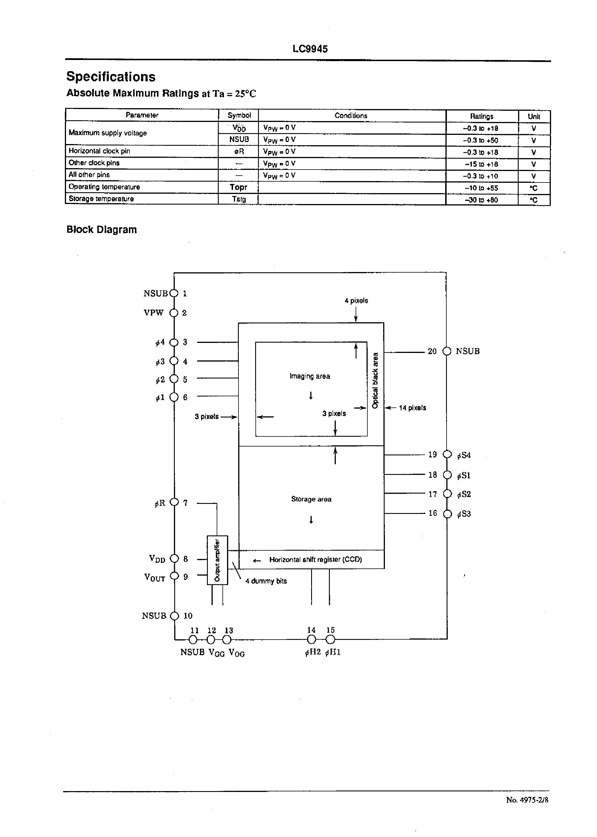 Datasheet LC9945 page 2 Datasheet LC9945 - 1/6 Inch Optical Size CCIR Black-and-White Solid-State Imaging Device page 2