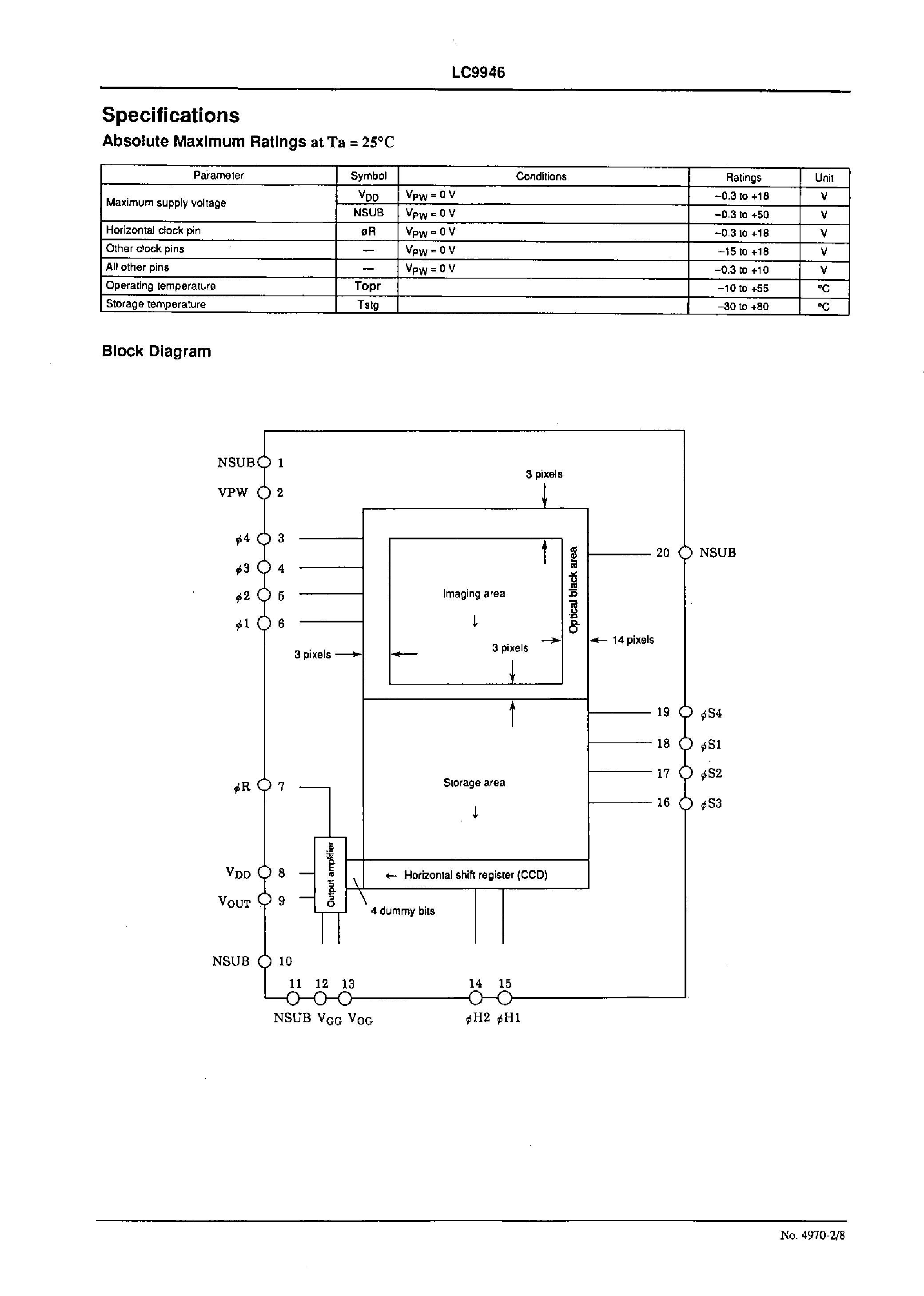 Datasheet LC9946 - 1/6 Inch Optical Size EIA Black-and-White Solid-State Imaging Device page 2